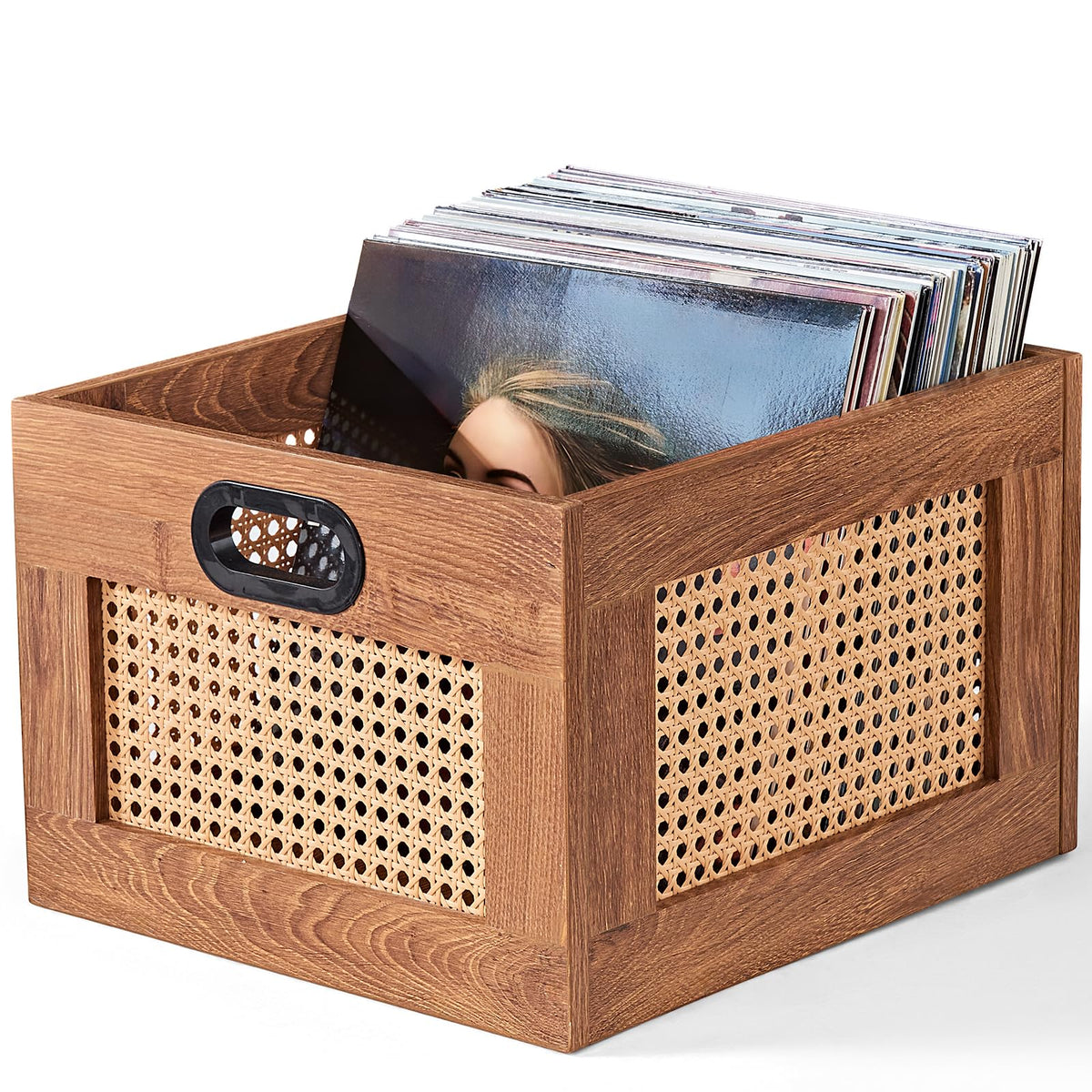 LELELINKY 2 Pack Vinyl Record Storage Crates, Rattan Vinyl Record Holder