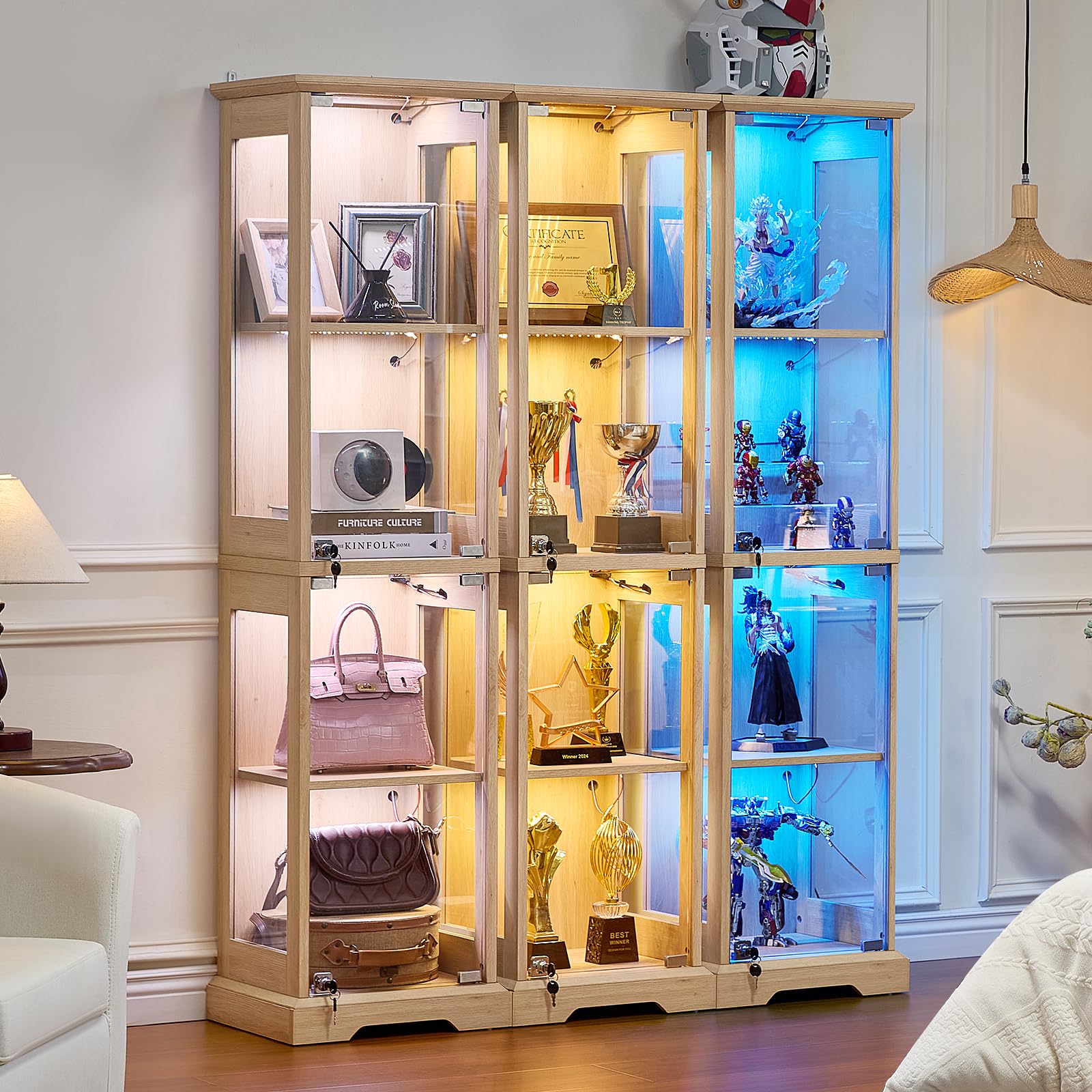 LELELINKY Farmhouse Narrow Glass Display Cabinet with Doors & Lock, Walnut