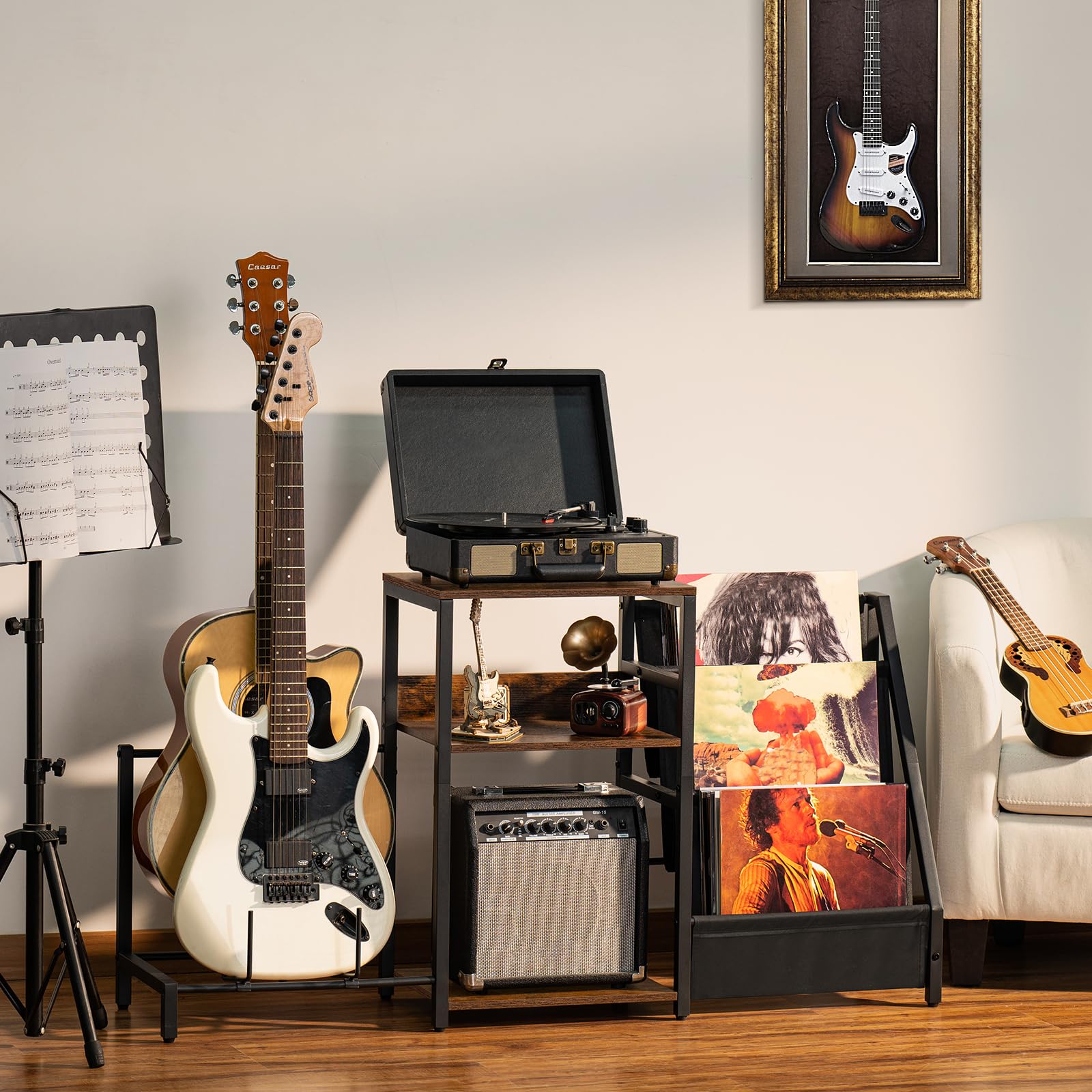 LELELINKY Record Player Stand, Black Adjustable Guitar Stand for Acoustic Guitar, Electric Guitar, Bass, Turntable Stand with Vinyl Display Shelf Storage Up to 150 Albums, End Table for Music Room