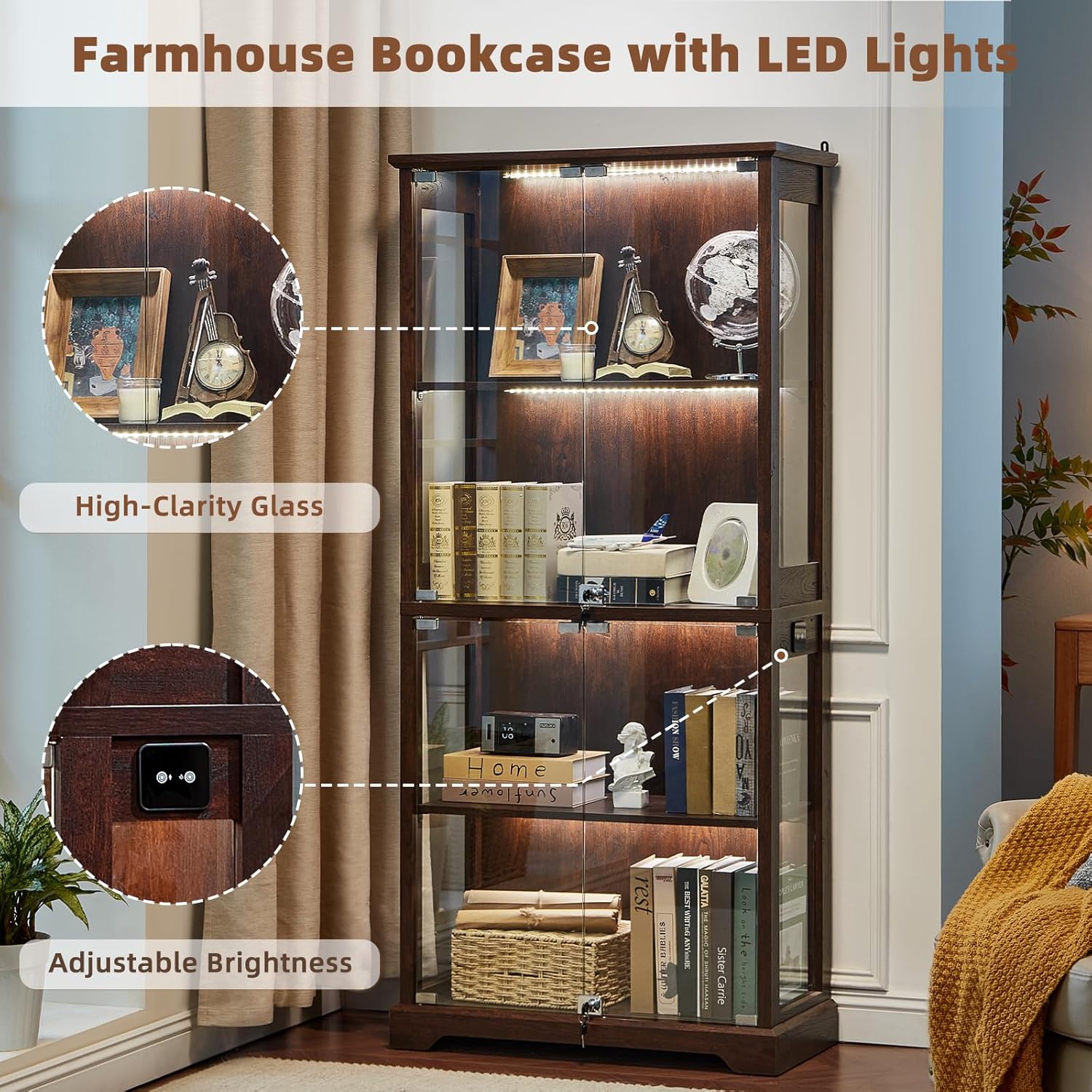 LELELINKY Farmhouse Display Cabinet with Glass Doors, Curio Cabinet with 3-Color LED Motion-Sensor Light, Walnut