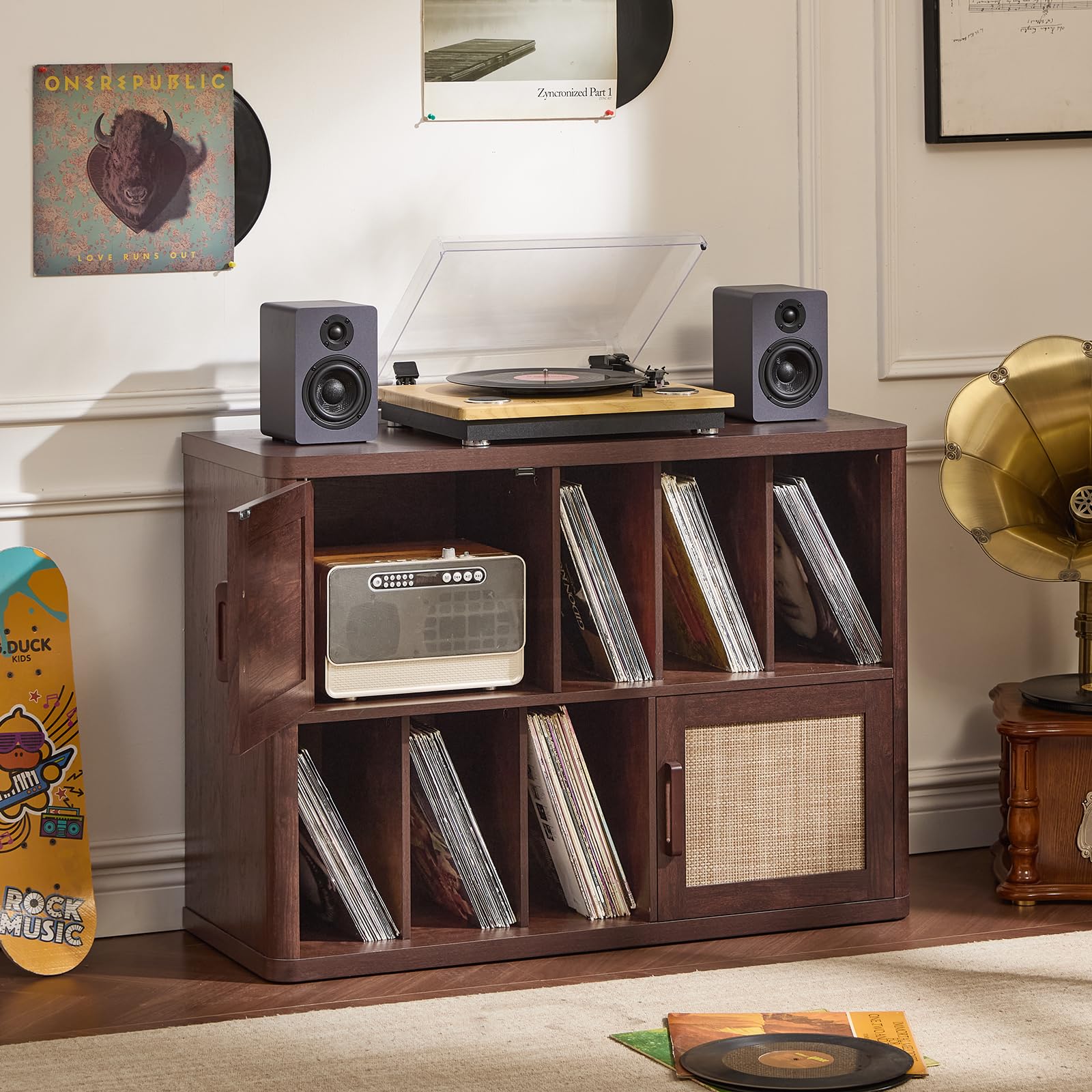 LELELINKY Large Record Player Stand - 39.5" Record Cabinet with Open Vinyl Storage Holds up to 400 Albums, Bohemian Vinyl Player Table with Rattan Doors, Turntable Stand for Living Room, Natural Oak