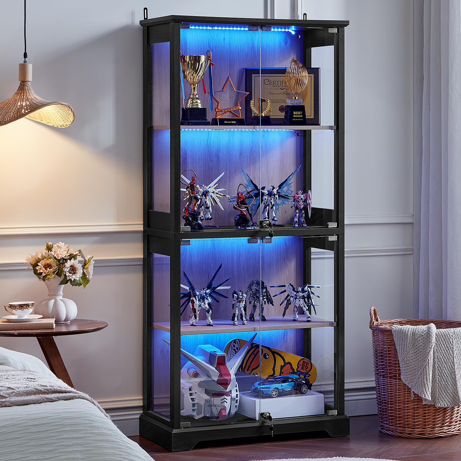 LELELINKY Farmhouse Display Cabinet with Glass Doors, Curio Cabinet with 3-Color LED Motion-Sensor Light, Walnut