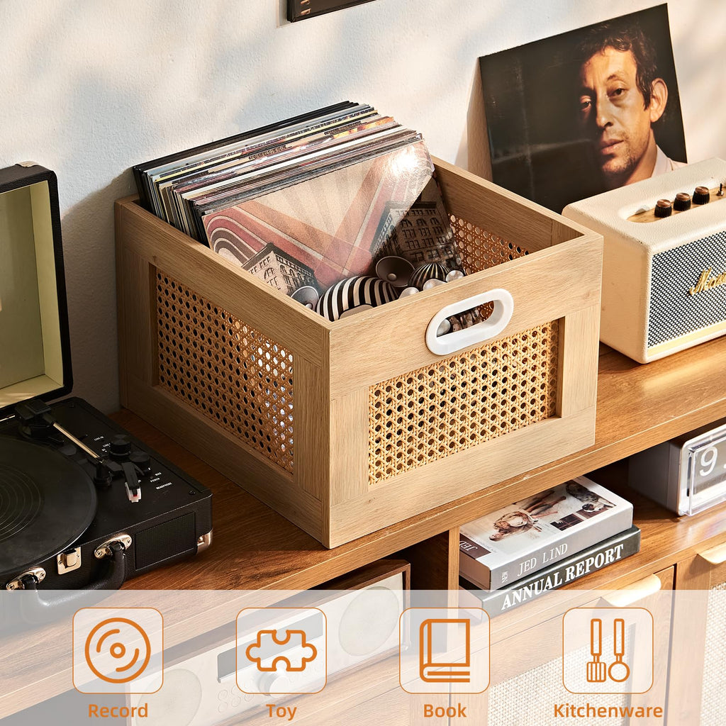 LELELINKY 2 Pack Vinyl Record Storage Crates, Rattan Vinyl Record Holder