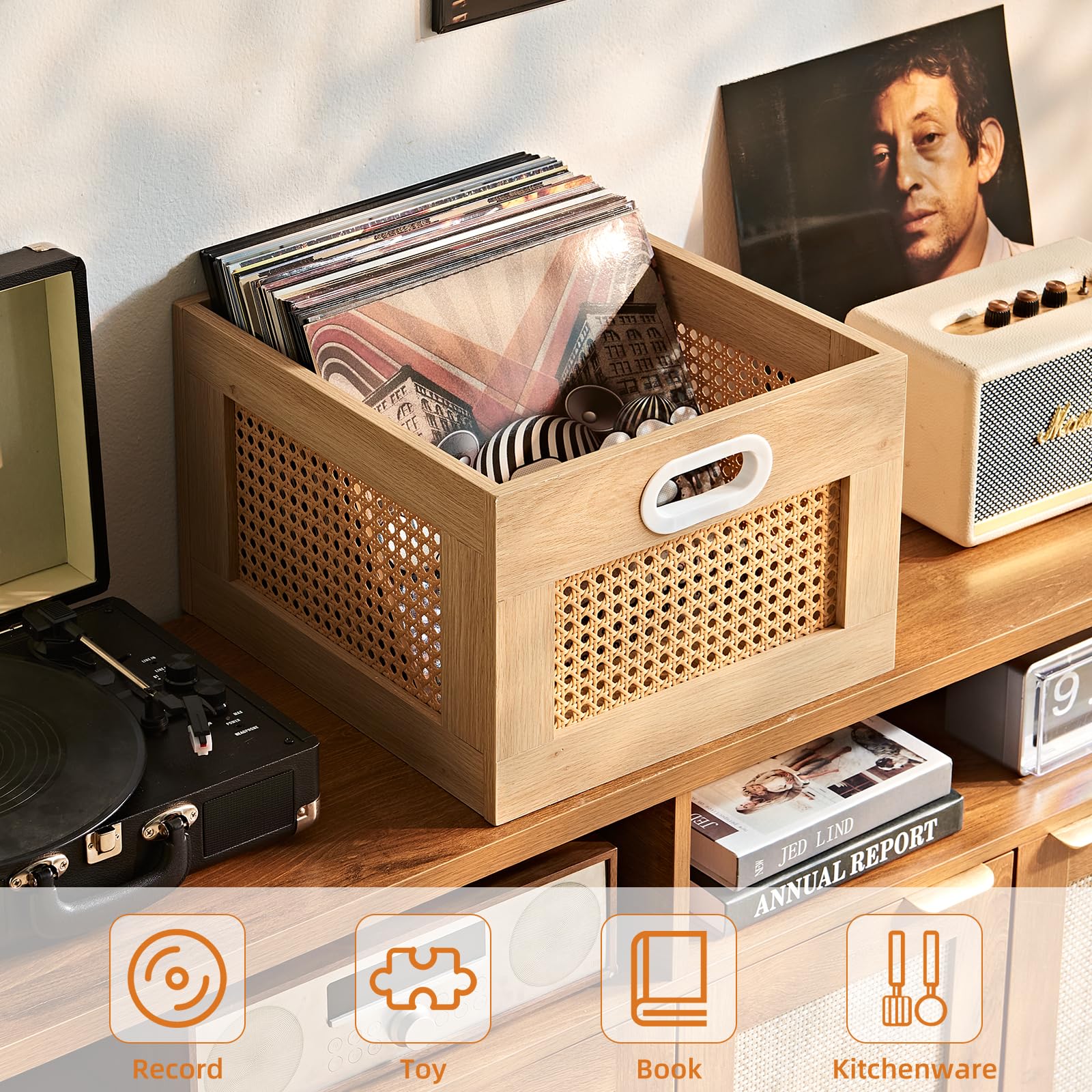 LELELINKY 2 Pack Vinyl Record Storage Crates, Rattan Vinyl Record Holder