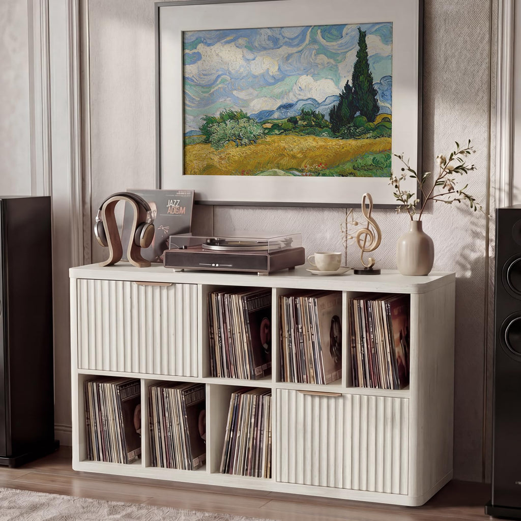 LELELINKY Large Record Player Stand - 39.5" Record Cabinet with Open Vinyl Storage Holds up to 400 Albums, Modern Vinyl Player Table with Fluted Doors, Turntable Stand for Living Room, Natural Oak