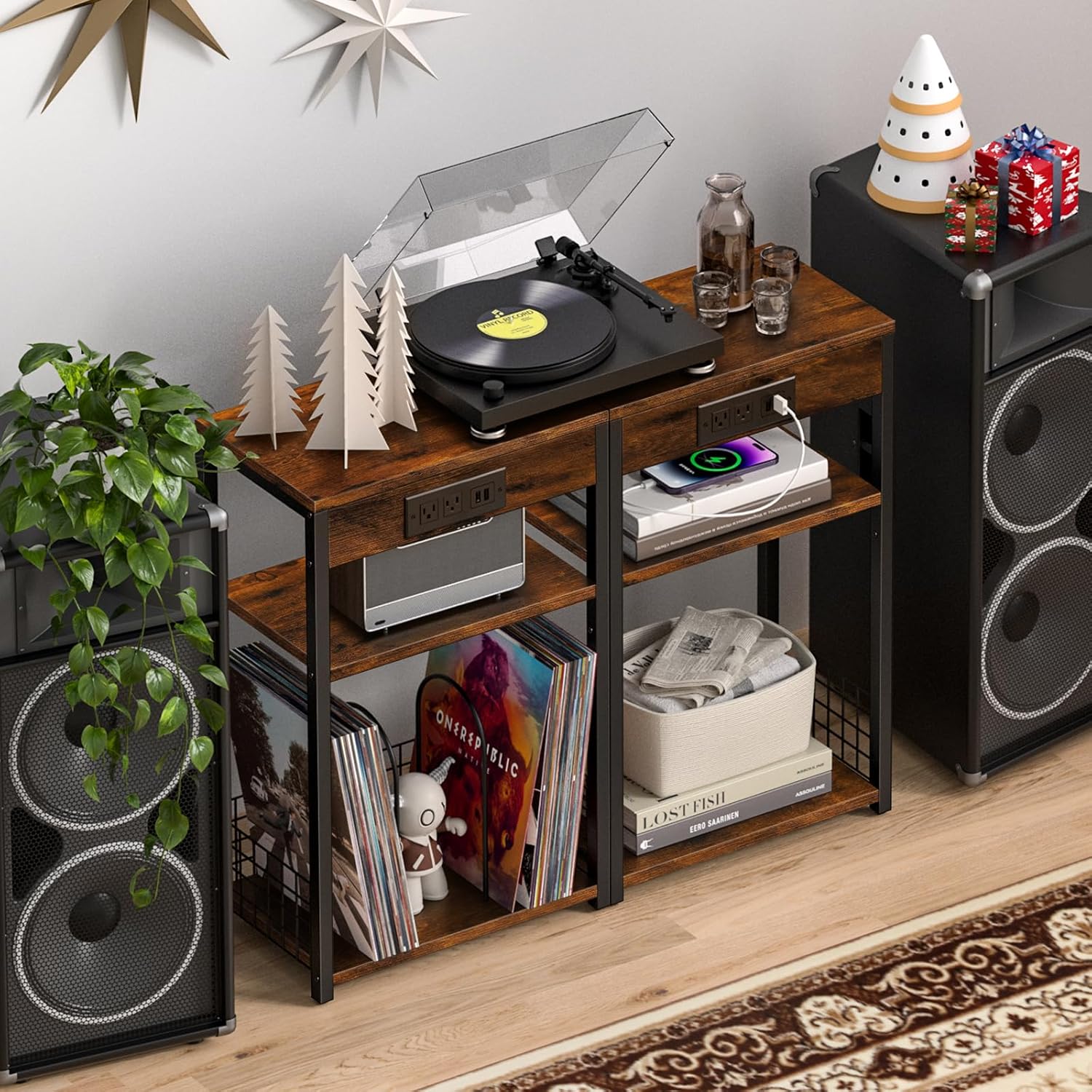 LELELINKY Brown Record Player Stand with Charging Station