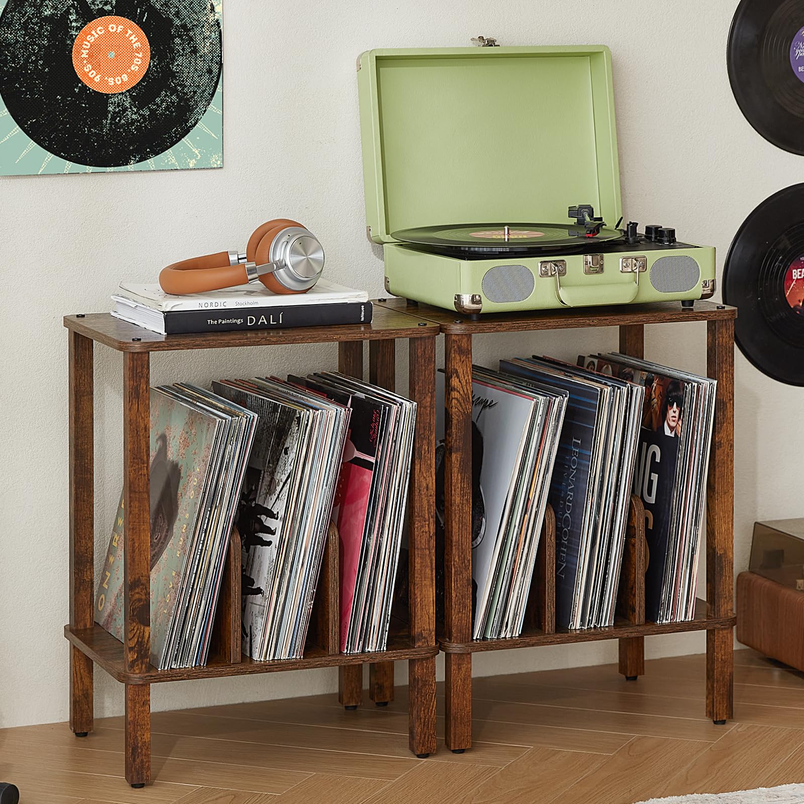 LELELINKY 2-Tier Record Player Stand with Vinyl Record Storage up to 100 Albums, Bedroom Record Holder and Multi-Functional End Table for Living Room, Brown