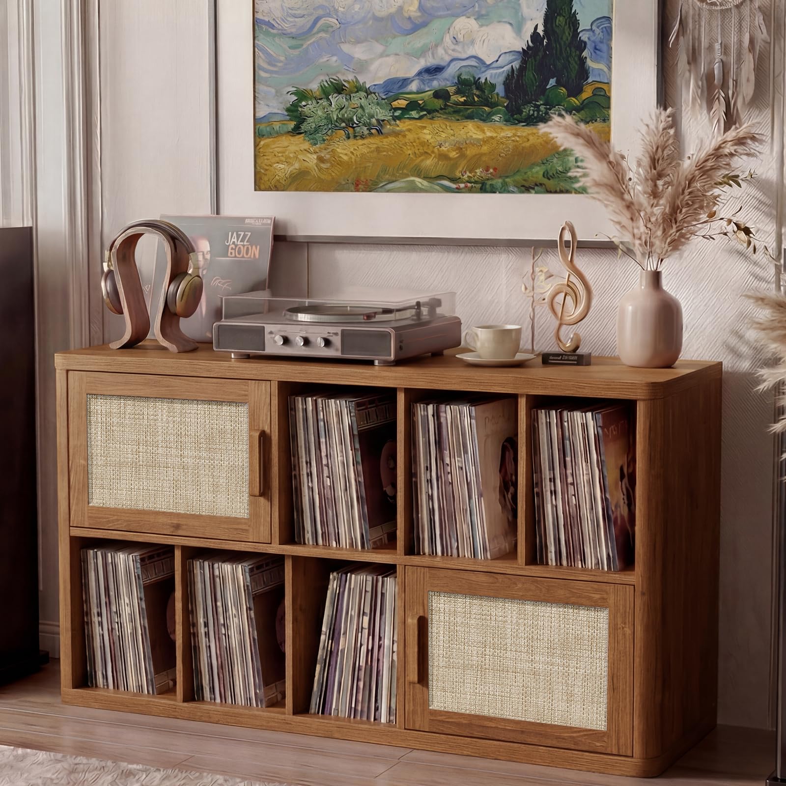 LELELINKY Large Record Player Stand - 39.5" Record Cabinet with Open Vinyl Storage Holds up to 400 Albums, Bohemian Vinyl Player Table with Rattan Doors, Turntable Stand for Living Room, Natural Oak