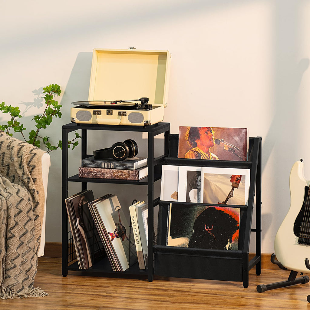 LELELINKY Record Player Stand, Black Adjustable Guitar Stand for Acoustic Guitar, Electric Guitar, Bass, Turntable Stand with Vinyl Display Shelf Storage Up to 150 Albums, End Table for Music Room