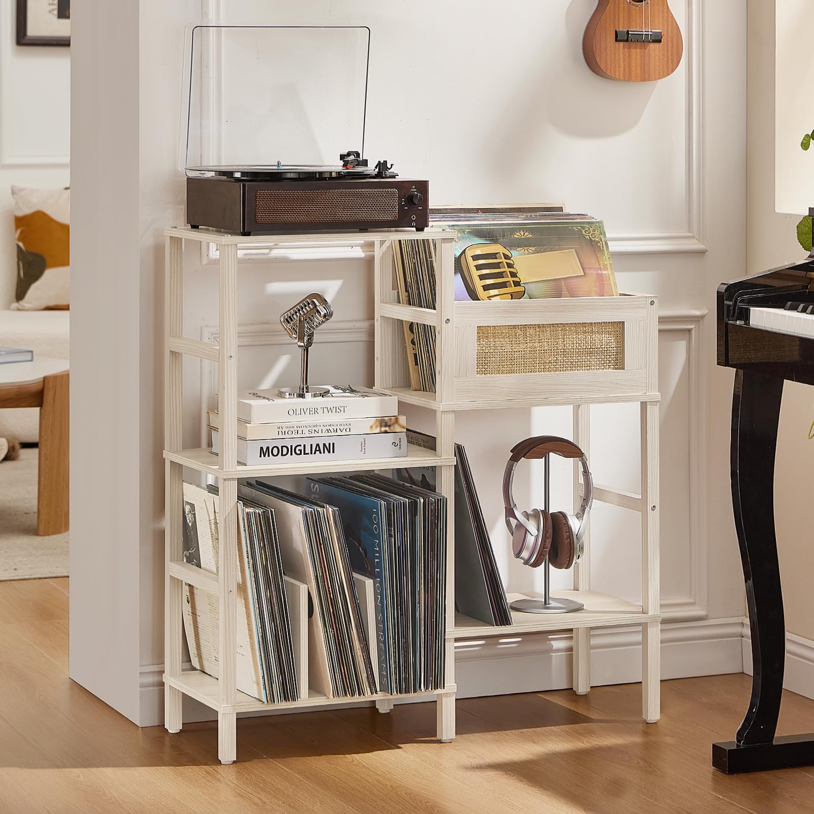 LELELINKY Record Player Stand, Vintage Walnut Wood Record Holder with Vinyl Storage Holds up to 300+ Albums, 3-Tier Rattan Media Table with Vinyl Display Shelf, Record Storage Cabinet for Living Room