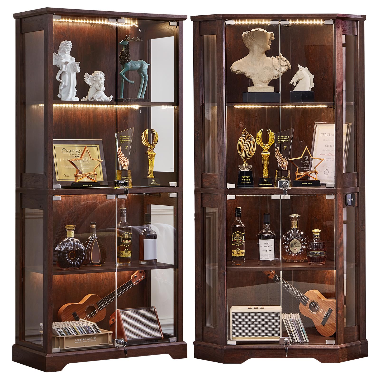 LELELINKY Farmhouse Corner Display Cabinet with Glass Doors, Corner Curio Cabinet with 3-Color LED Motion-Sensor Light, Walnut