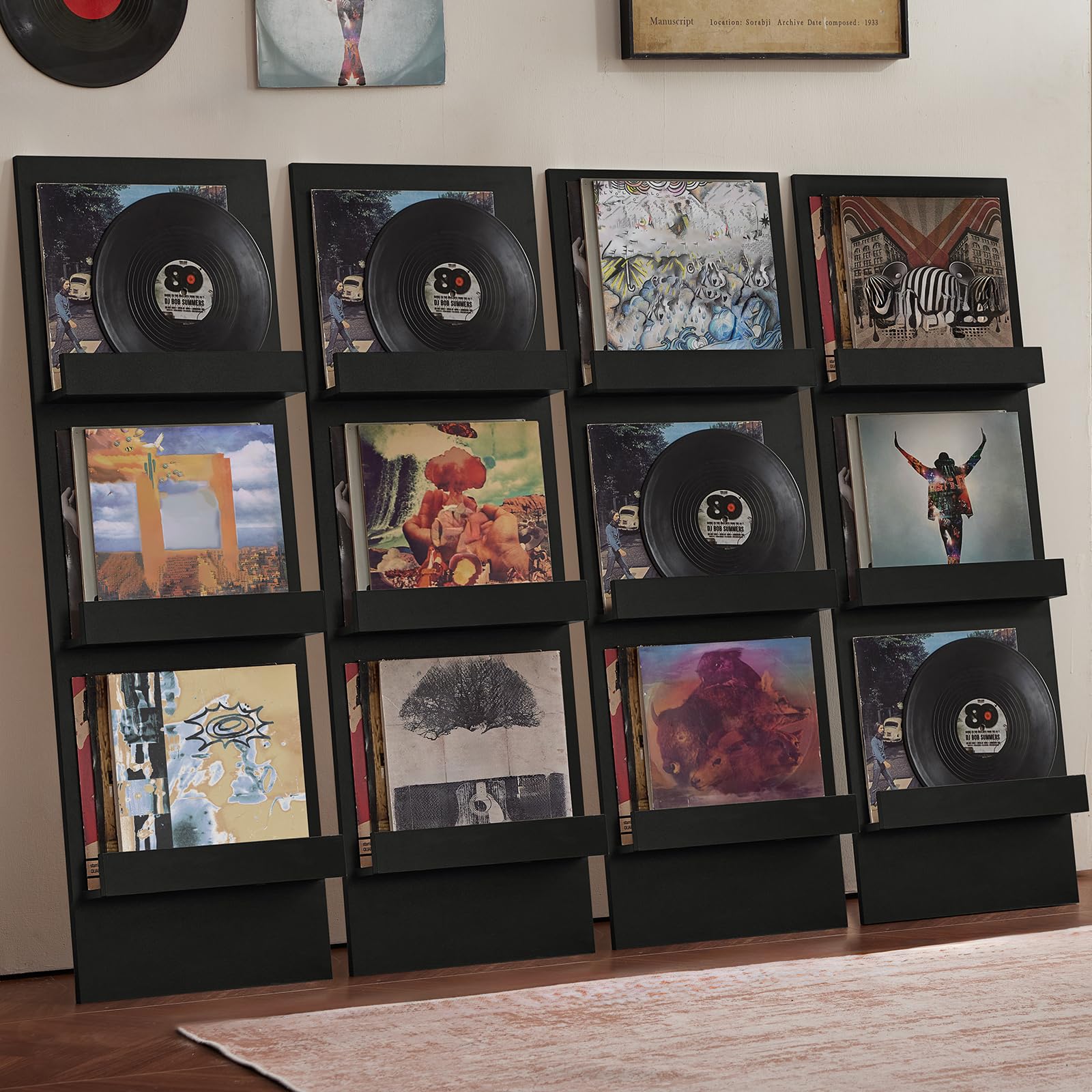 LELELINKY Wall-Leaning Vinyl Record Holder with 3 Tier Display Shelf, 47.5'' Tall Record Storage Magazine Holder, Vinlys Stand Holder Holds Up to 30 Vinyls Albums/CD for Living Room, Brown
