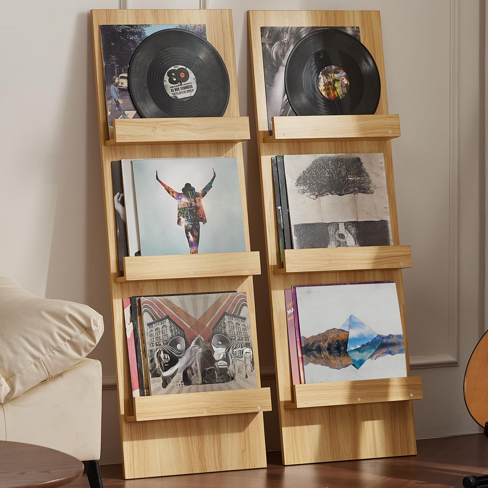 LELELINKY Wall-Leaning Vinyl Record Holder with 3 Tier Display Shelf, 47.5'' Tall Record Storage Magazine Holder, Vinlys Stand Holder Holds Up to 30 Vinyls Albums/CD for Living Room, Brown