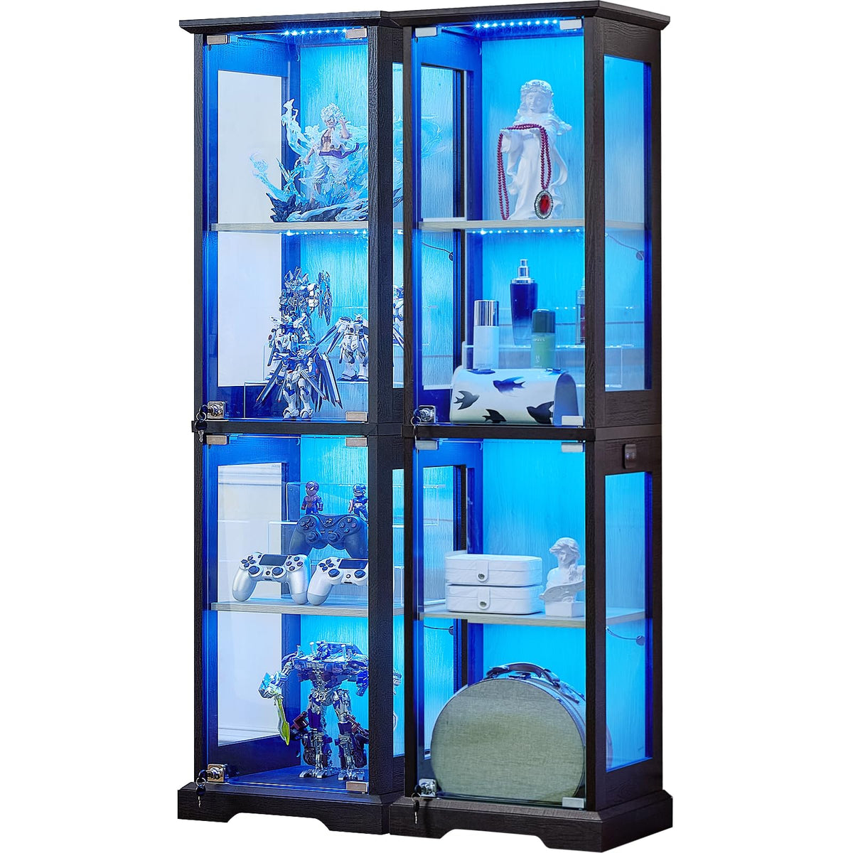 LELELINKY Farmhouse Narrow Glass Display Cabinet with Doors & Lock, Walnut