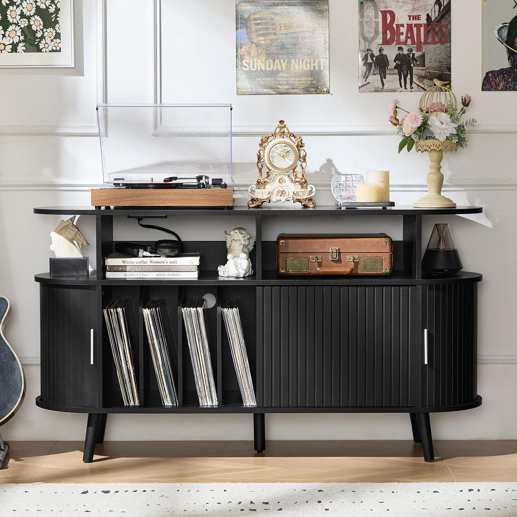 LELELINKY Large Round Record Player Stand with Charging Station & Fluted Panel, Blue Mid Century Modern Turntable Cabinet with Vinyl Storage, Arched Wood Record Player Table for Living Room