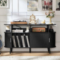 LELELINKY Large Round Record Player Stand with Charging Station & Fluted Panel, Blue Mid Century Modern Turntable Cabinet with Vinyl Storage, Arched Wood Record Player Table for Living Room