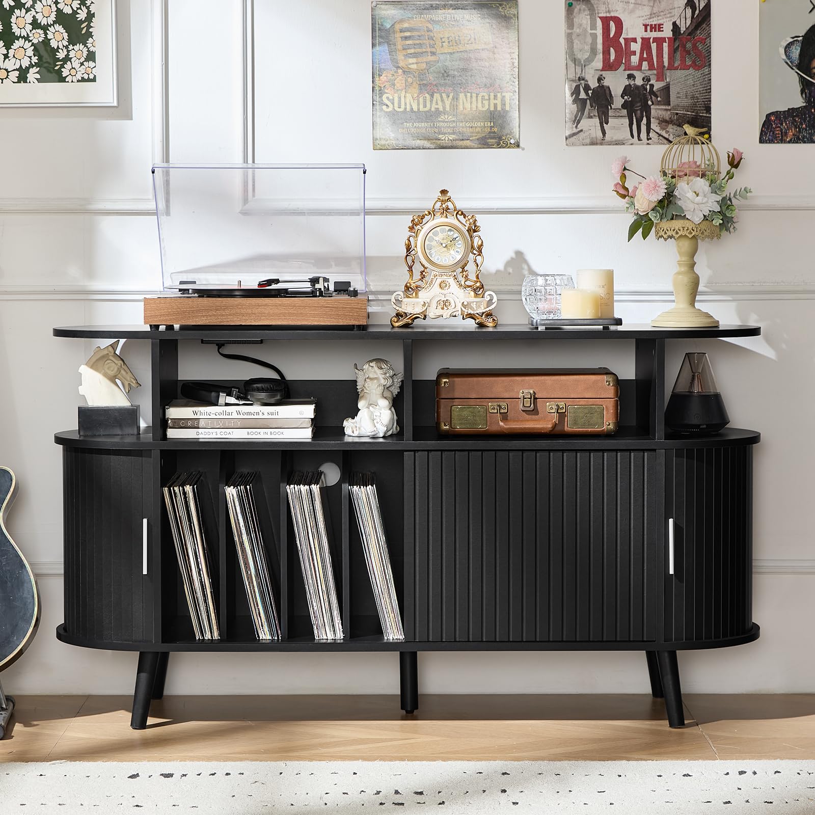 LELELINKY Large Round Record Player Stand with Charging Station & Fluted Panel, Blue Mid Century Modern Turntable Cabinet with Vinyl Storage, Arched Wood Record Player Table for Living Room
