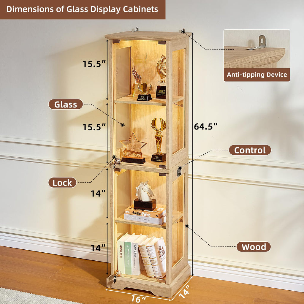 LELELINKY Farmhouse Narrow Glass Display Cabinet with Doors & Lock, Walnut