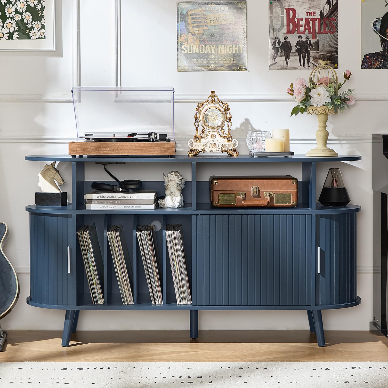 LELELINKY Large Round Record Player Stand with Charging Station & Fluted Display Shelf, Black Mid Century Modern Turntable Cabinet with Vinyl Storage, Arched Wood Record Player Table for Living Room