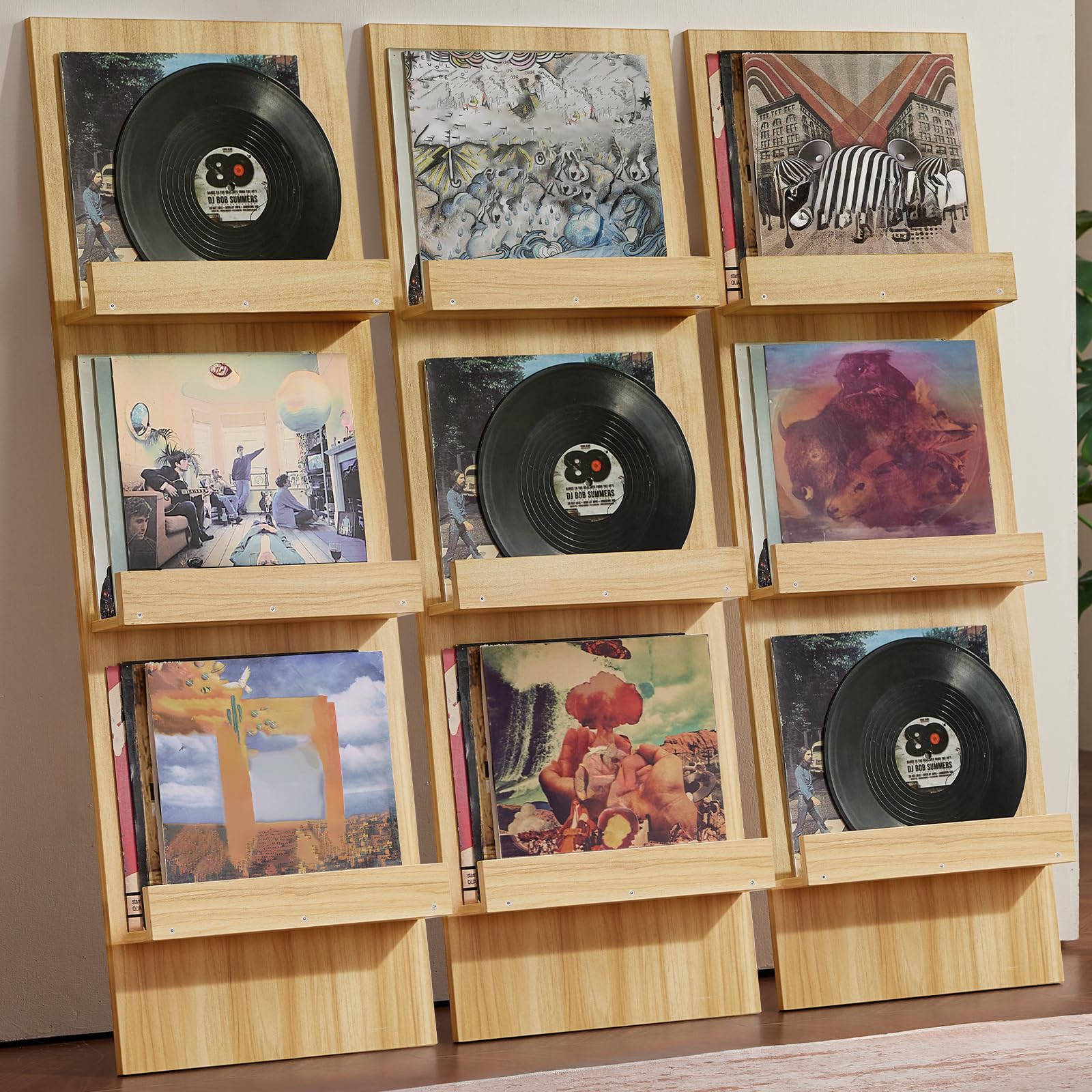 LELELINKY Wall-Leaning Vinyl Record Holder with 3 Tier Display Shelf, 47.5'' Tall Record Storage Magazine Holder, Vinlys Stand Holder Holds Up to 30 Vinyls Albums/CD for Living Room, Brown