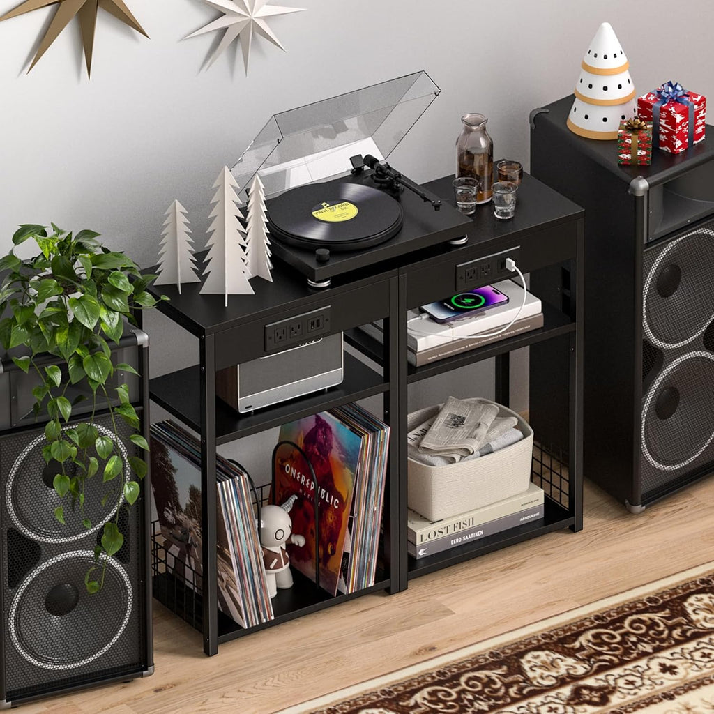 LELELINKY Black Record Player Stand with Charging Station