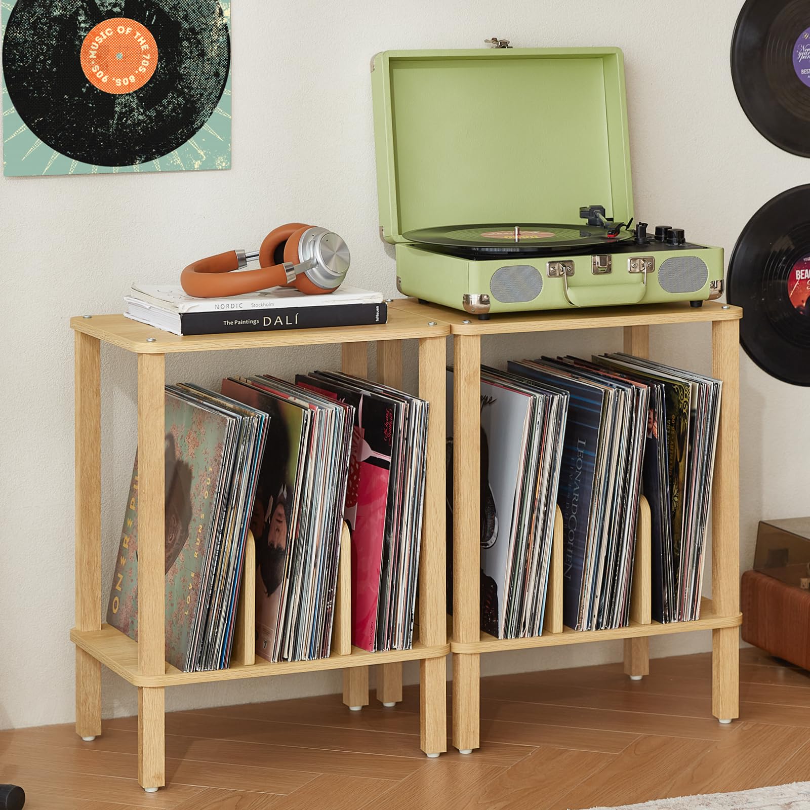 LELELINKY 2-Tier Record Player Stand with Vinyl Record Storage up to 100 Albums, Bedroom Record Holder and Multi-Functional End Table for Living Room, Brown