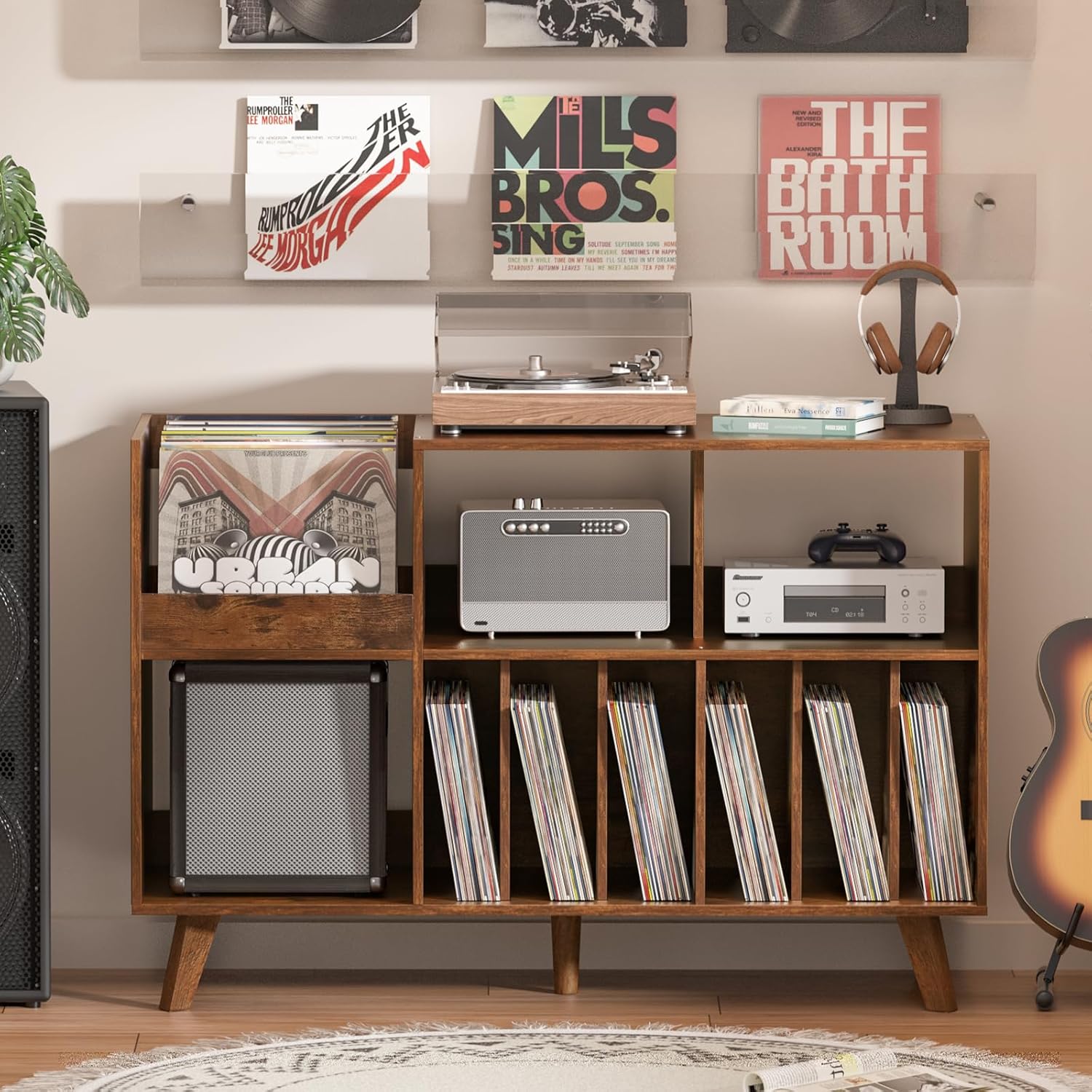 LELELINKY Large Record Player Stand, 48‘’Turntable Stand with Storage, Vinyl Record Holder with Display Area, Record Player Table Holds Up to 450 Albums, Record Stand for Music Room Living Room