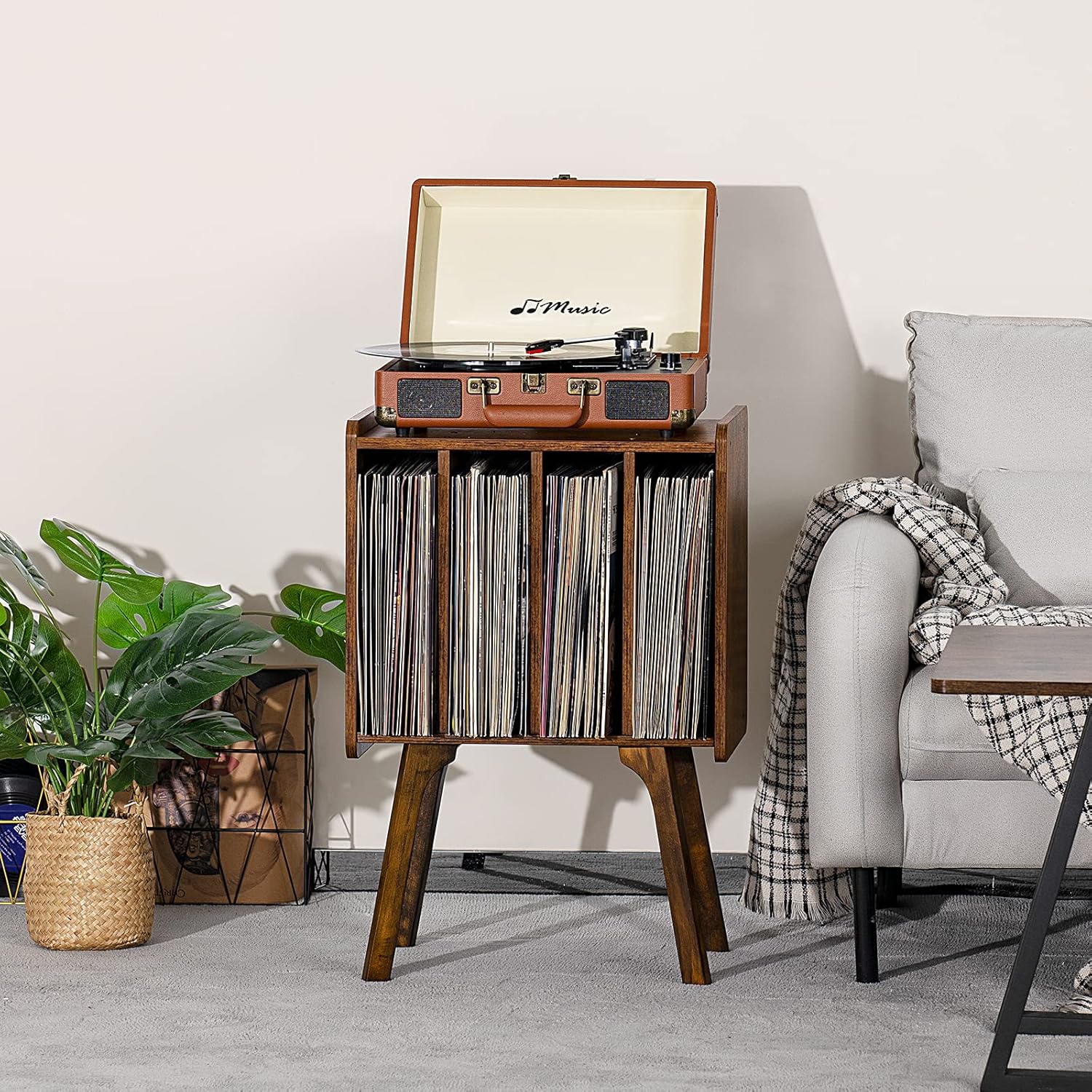 LELELINKY Small Record Player Stand - Width 11.7 in, Brown Vinyl Record Storage Table with 4 Cabinet Up to 80 Albums, Vinyl Holder with Wood Legs,Turntable Stand Display Shelf for Bedroom Living Room