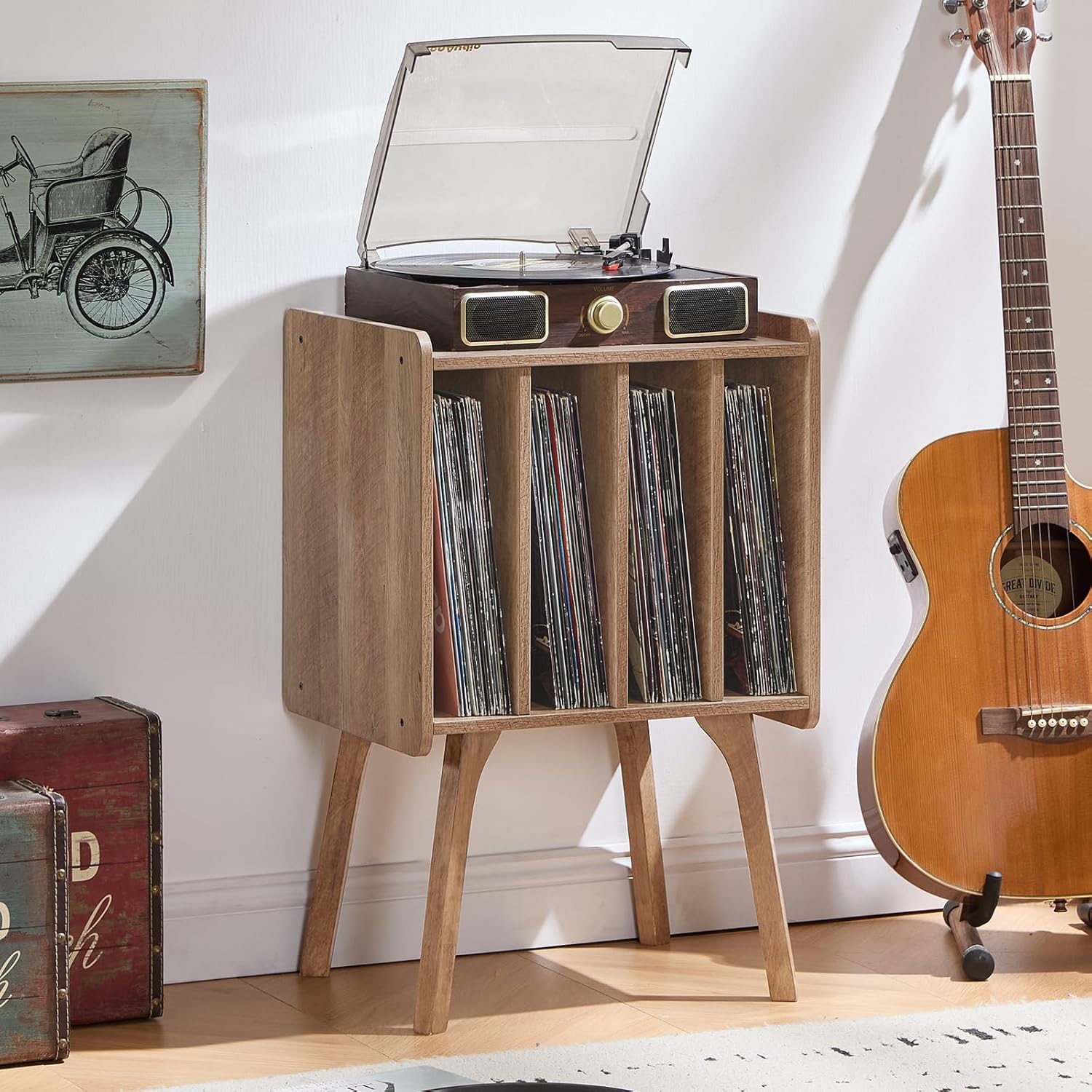 LELELINKY Record Player Stand,Vinyl Record Storage Table with 4 Cabinet Up to 100 Albums,Mid-Century Modern Turntable Stand with Wood Legs,Oak Grey Vinyl Holder Display Shelf for Bedroom Living Room