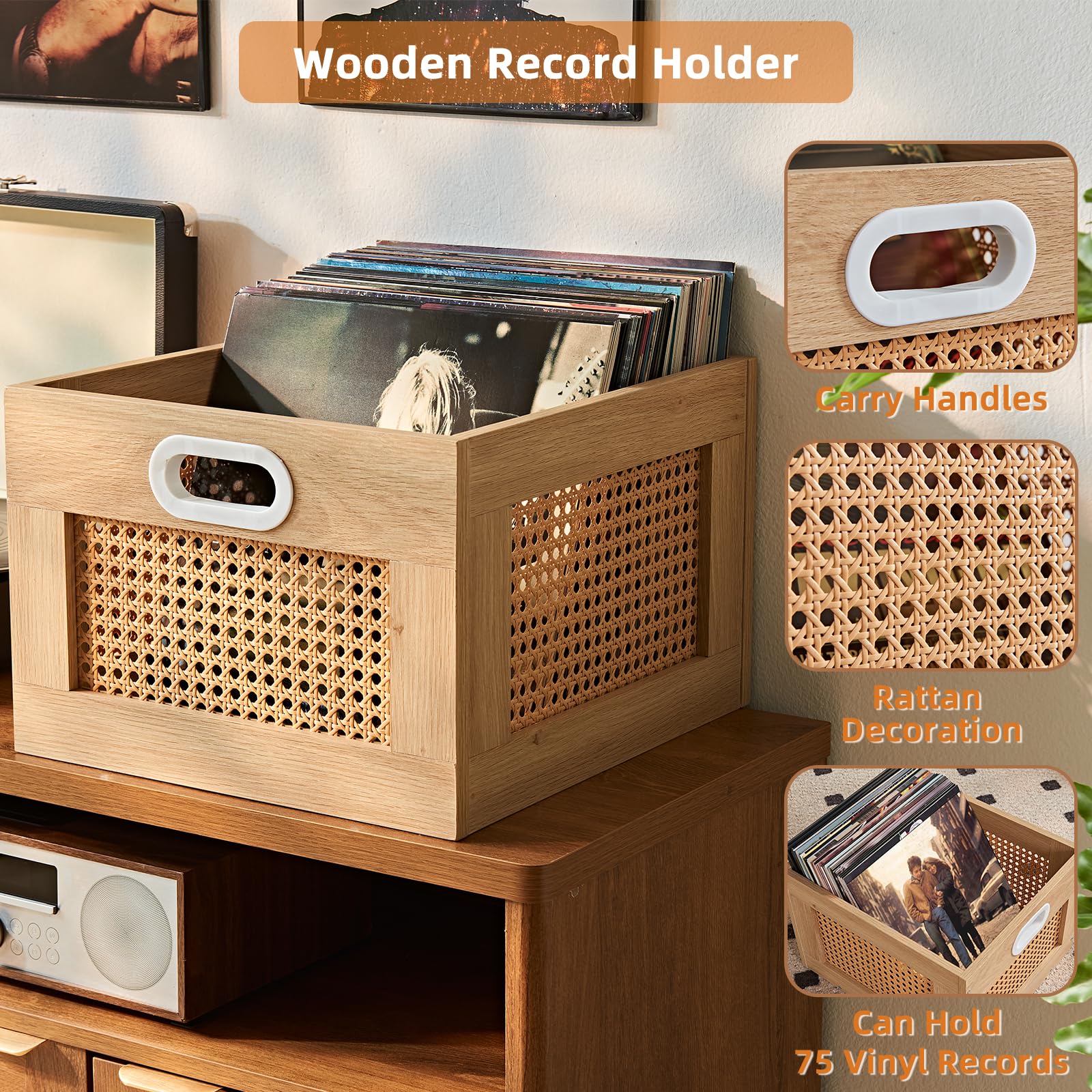 LELELINKY 2 Pack Vinyl Record Storage Crates, Rattan Vinyl Record Holder
