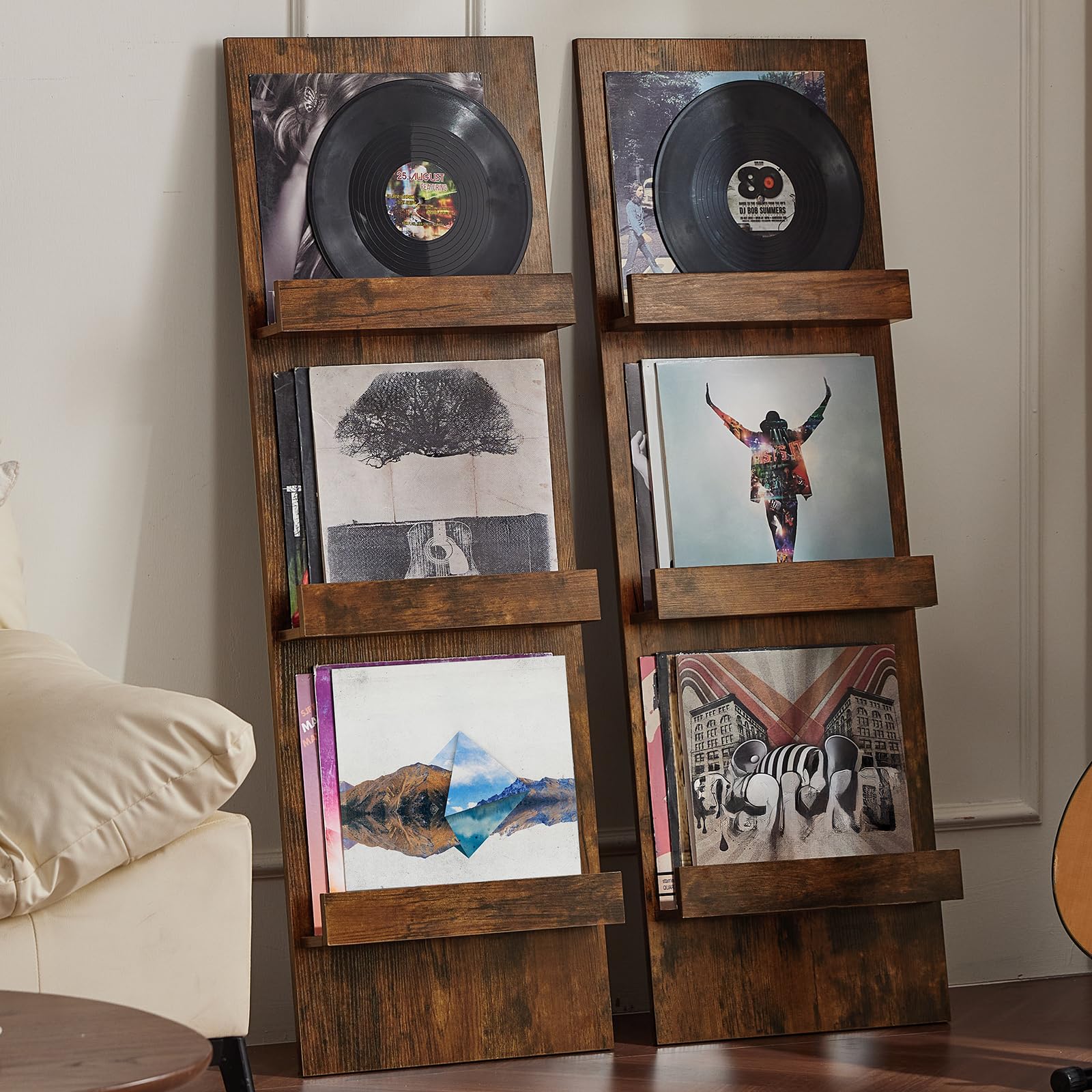 LELELINKY Wall-Leaning Vinyl Record Holder with 3 Tier Display Shelf, 47.5'' Tall Record Storage Magazine Holder, Vinlys Stand Holder Holds Up to 30 Vinyls Albums/CD for Living Room, Brown