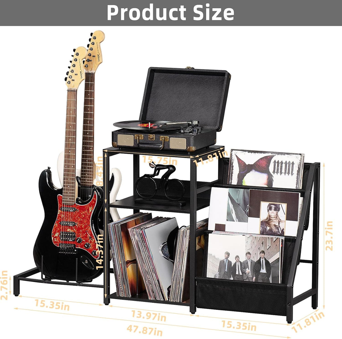 LELELINKY Record Player Stand, Black Adjustable Guitar Stand for Acoustic Guitar, Electric Guitar, Bass, Turntable Stand with Vinyl Display Shelf Storage Up to 150 Albums, End Table for Music Room