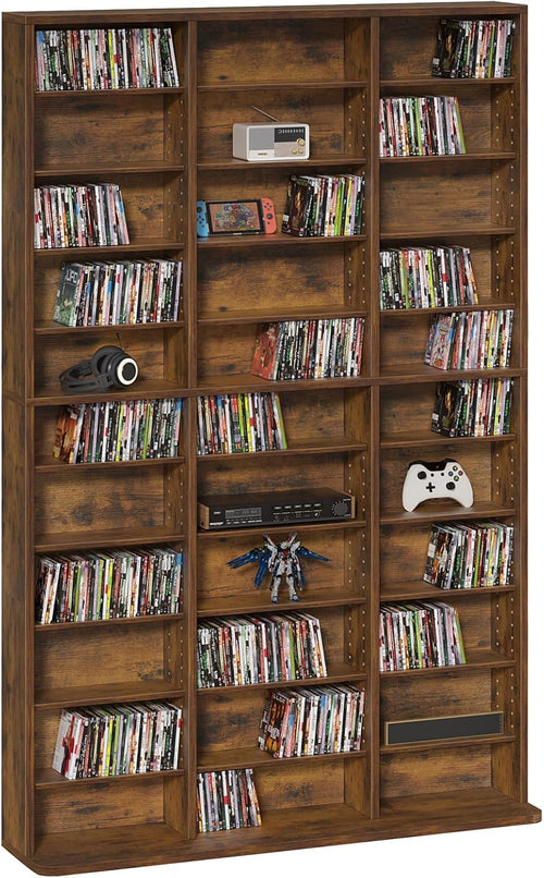 LELELINKY 11 Tier Tall Display Cabinet, Media Storage Cabinet with Adjustable Shelves, Free Standing DVD Organizer Shelf, Floor Multimedia Storage Manga Bookshelf for Living Room & Home Office, Brown