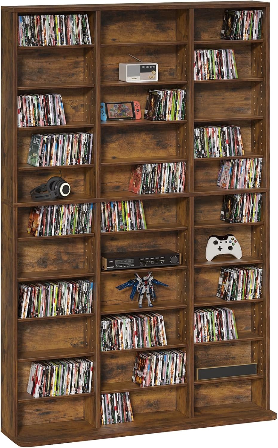 LELELINKY 11 Tier Tall Display Cabinet, Media Storage Cabinet with Adjustable Shelves, Free Standing DVD Organizer Shelf, Floor Multimedia Storage Manga Bookshelf for Living Room & Home Office, Brown