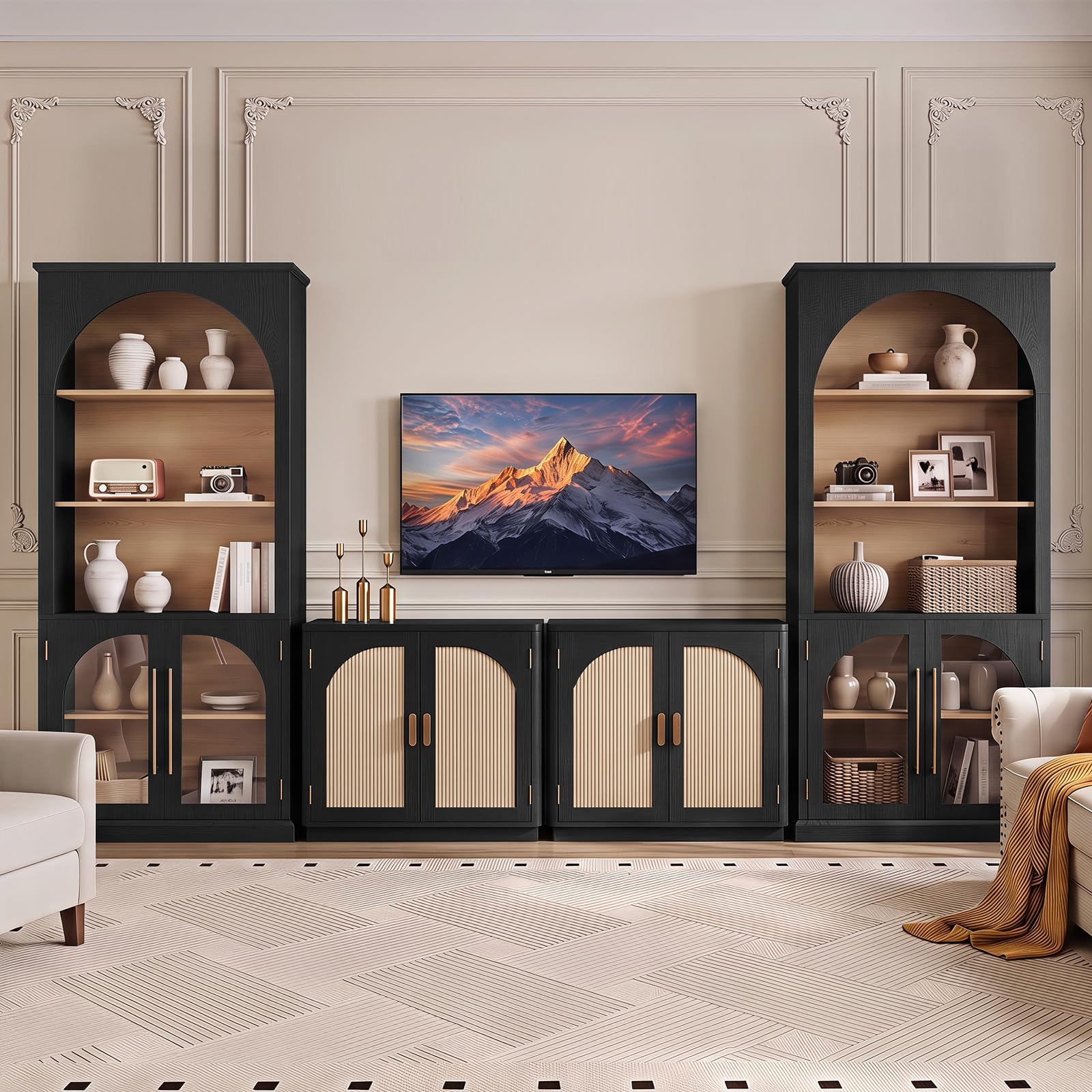 LELELINKY Arched Bookshelf with Tempered Glass Doors, 67" Tall Bookcase