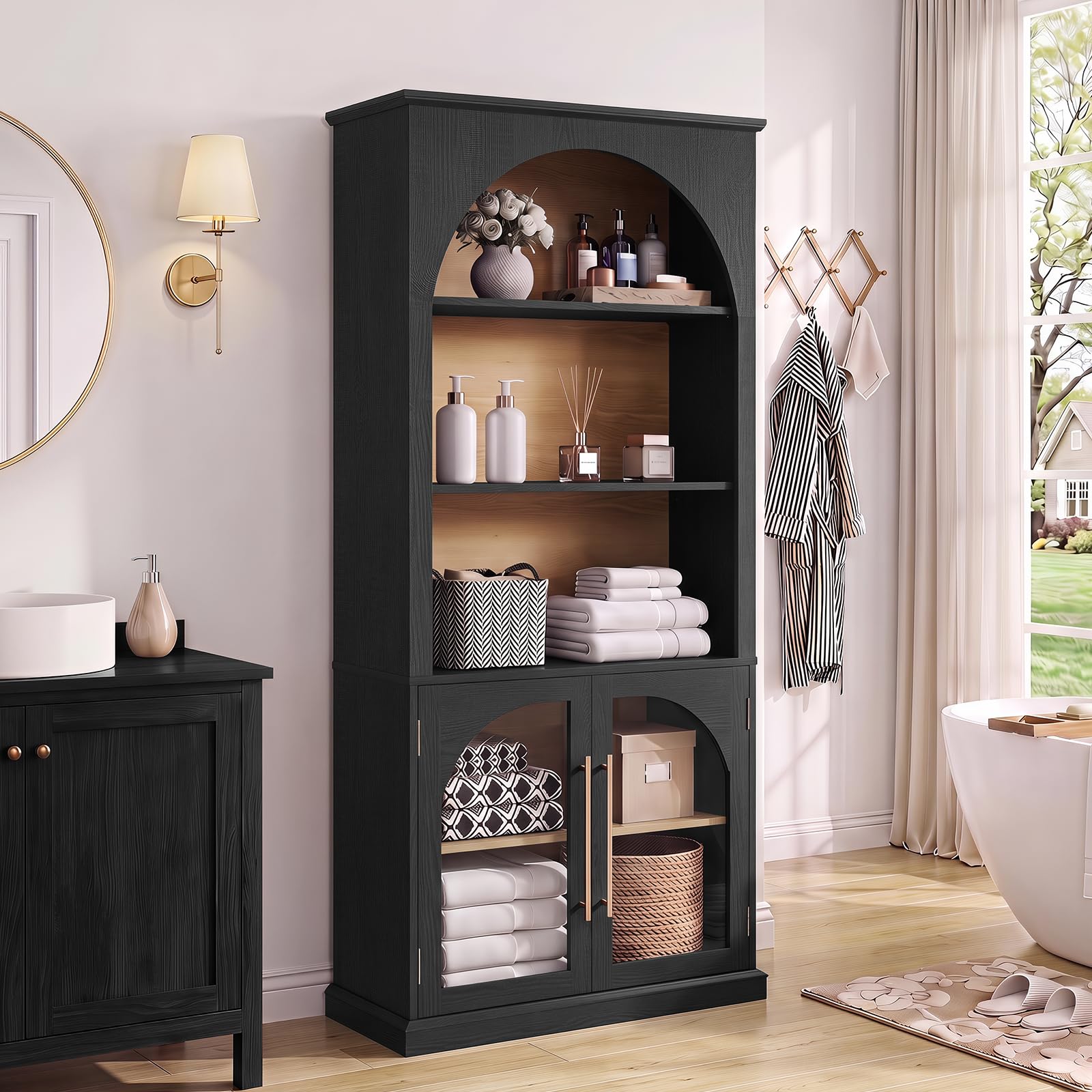 LELELINKY Arched Bookshelf with Tempered Glass Doors, 67" Tall Bookcase