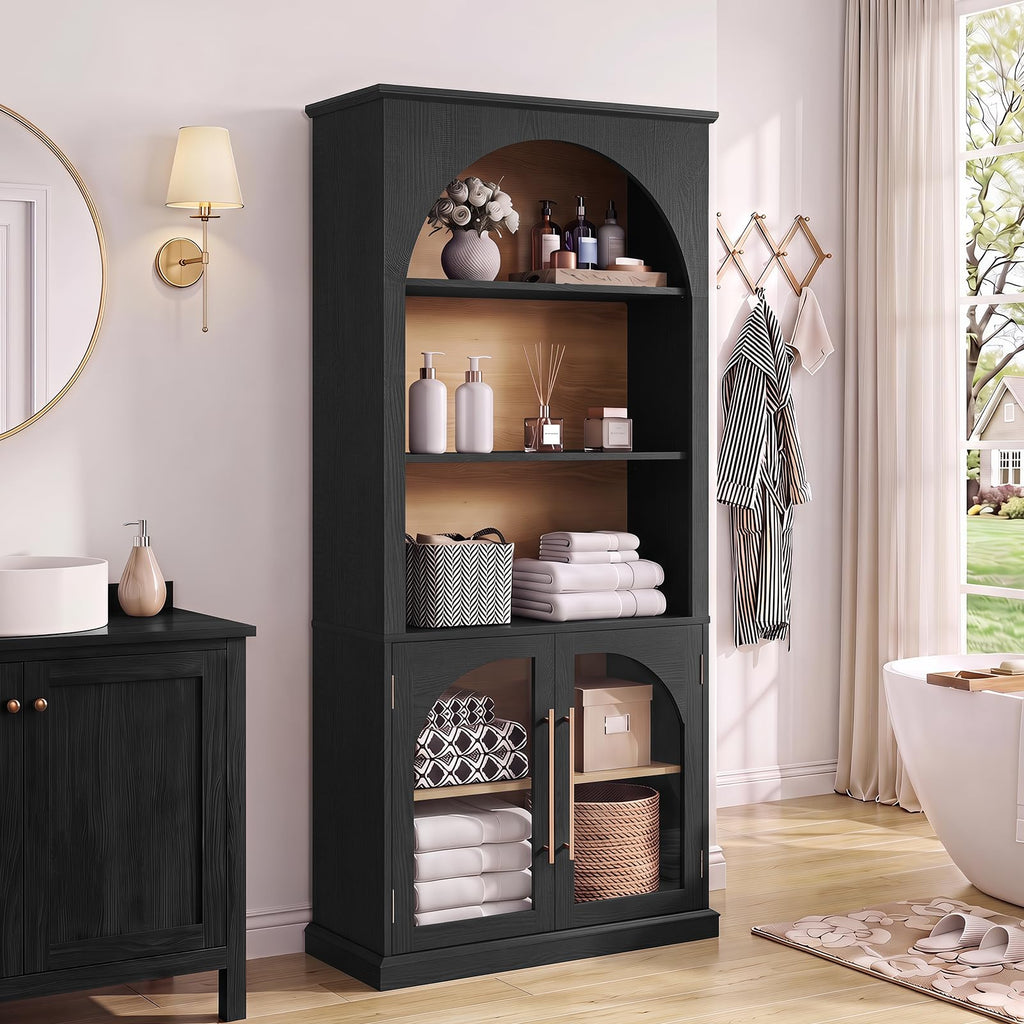 LELELINKY Arched Bookshelf with Tempered Glass Doors, 67" Tall Bookcase