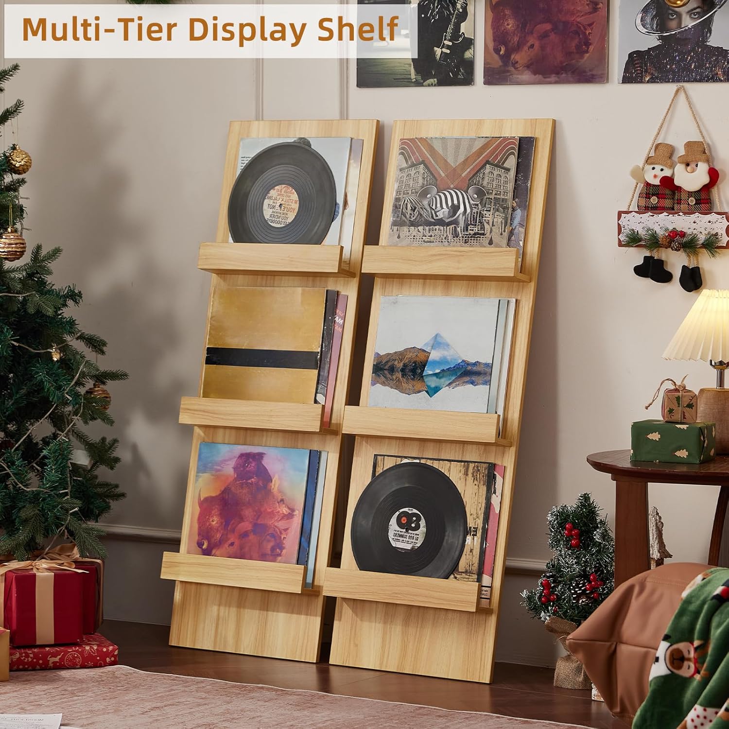 LELELINKY Wall Mount Vinyl Record Holder with 3 Tier Display Shelf, 47.5'' Tall Record Storage Magazine Holder, Book Shelf Holder Holds Up to 15 Vinyls Albums/CD for Living Room, Concert Hall, Natural