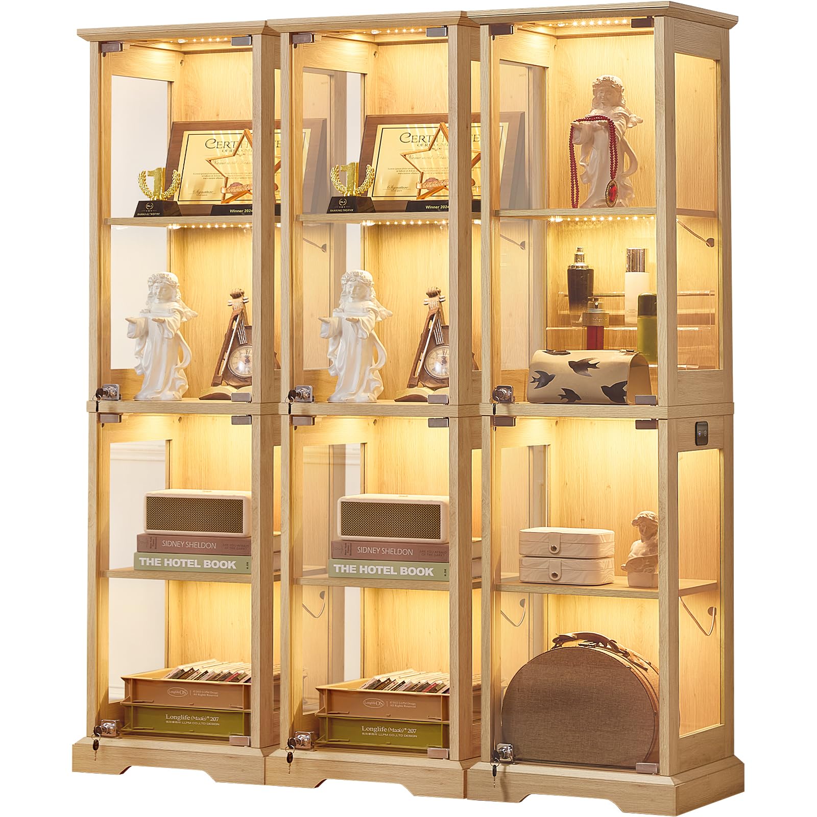 LELELINKY Farmhouse Narrow Glass Display Cabinet with Doors & Lock, Walnut
