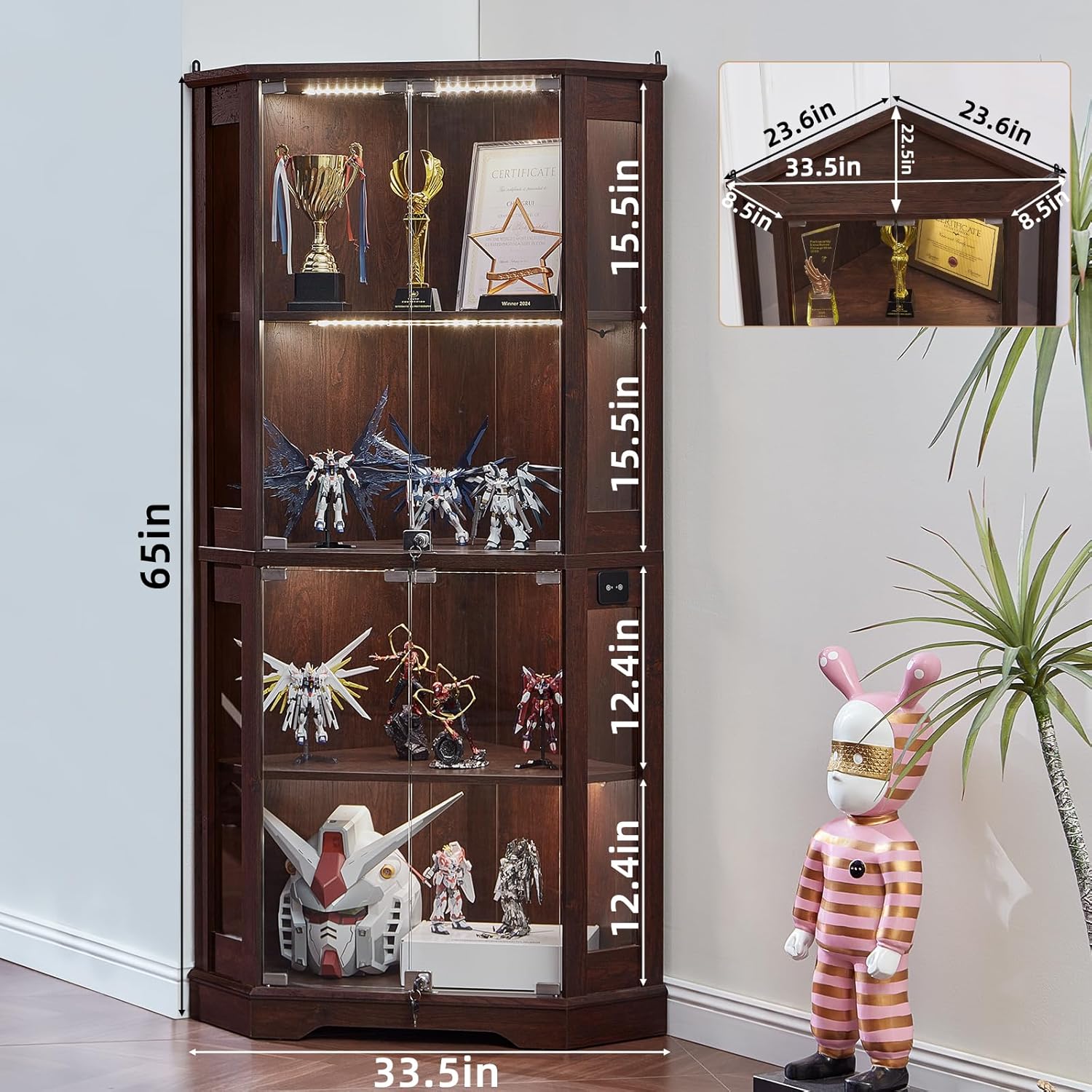LELELINKY Farmhouse Corner Display Cabinet with Glass Doors, Corner Curio Cabinet with 3-Color LED Motion-Sensor Light, Walnut