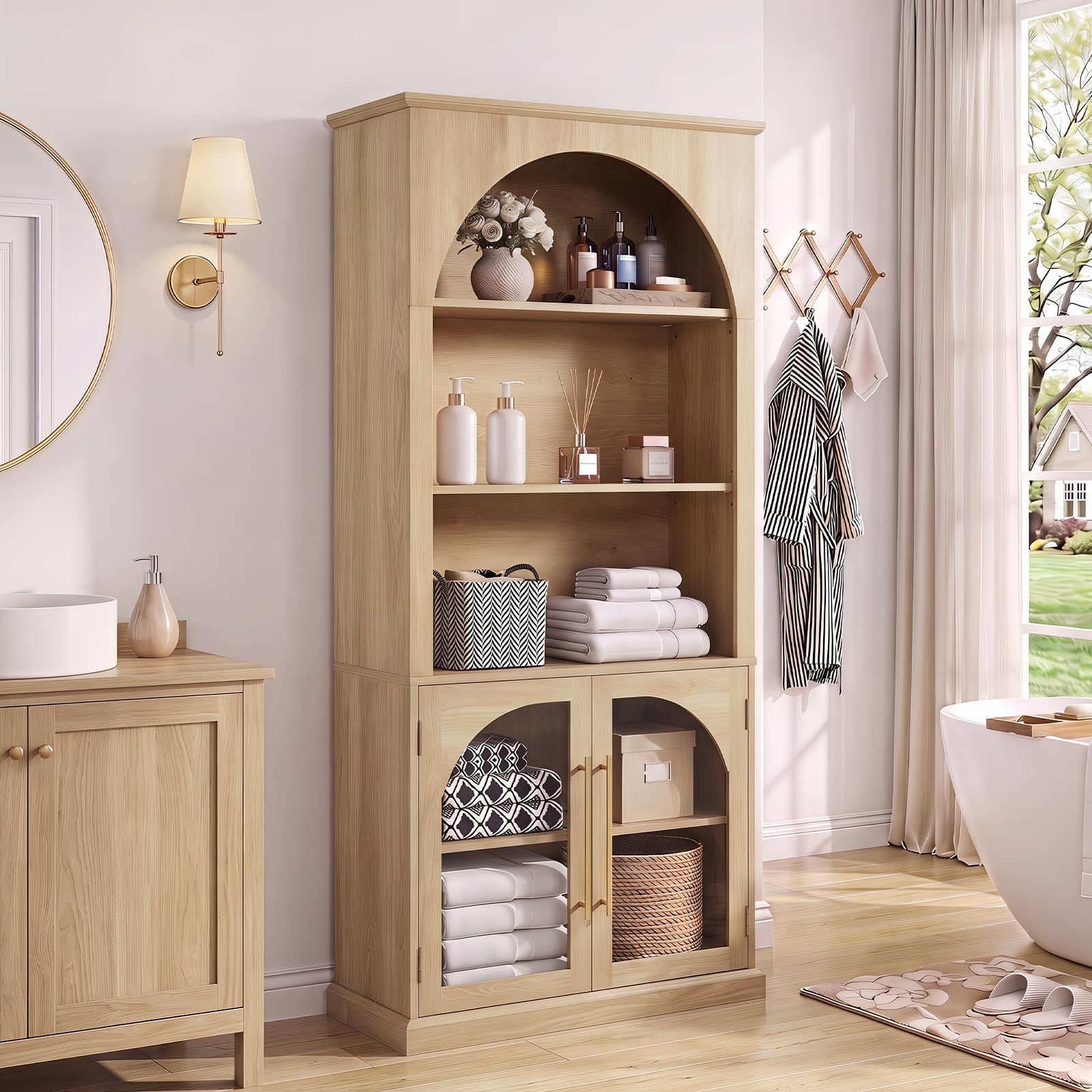LELELINKY Arched Bookshelf with Tempered Glass Doors, 67" Tall Bookcase