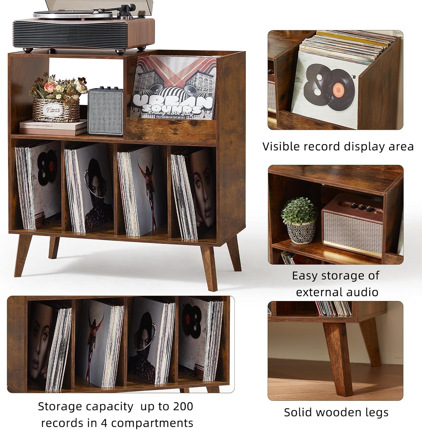 LELELINKY Large Record Player Stand, Turntable Stand with Storage, Vinyl Record Holder with Display Area, Record Player Table Holds Up to 300 Albums, Record Stand for Music Room Living Room-Brown