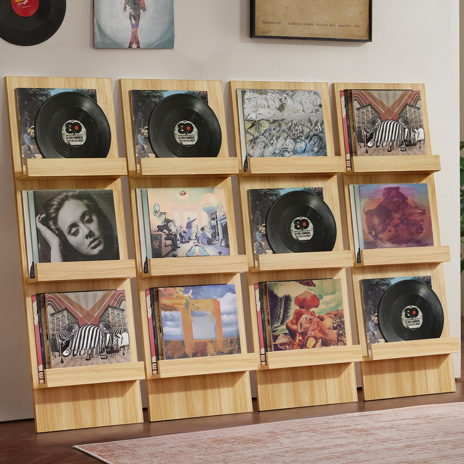 LELELINKY Wall-Leaning Vinyl Record Holder with 3 Tier Display Shelf, 47.5'' Tall Record Storage Magazine Holder, Vinlys Stand Holder Holds Up to 30 Vinyls Albums/CD for Living Room, Brown