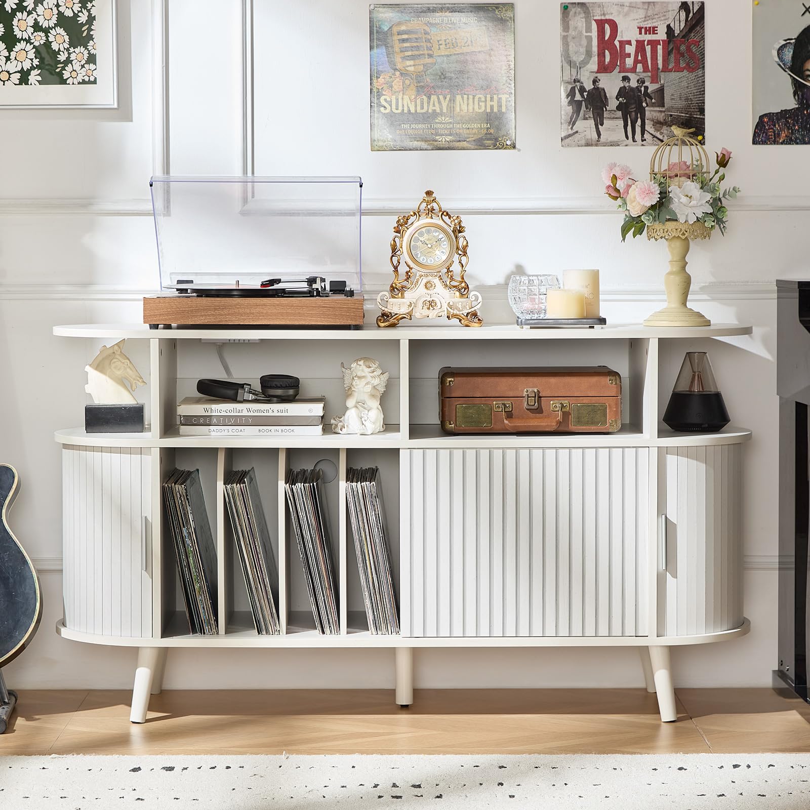 LELELINKY Large Round Record Player Stand with Charging Station & Fluted Panel, Blue Mid Century Modern Turntable Cabinet with Vinyl Storage, Arched Wood Record Player Table for Living Room