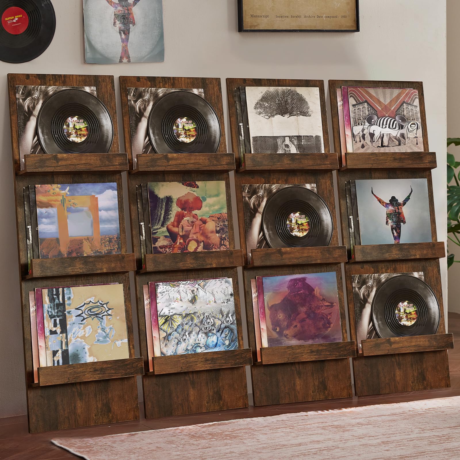 LELELINKY Wall-Leaning Vinyl Record Holder with 3 Tier Display Shelf, 47.5'' Tall Record Storage Magazine Holder, Vinlys Stand Holder Holds Up to 30 Vinyls Albums/CD for Living Room, Brown