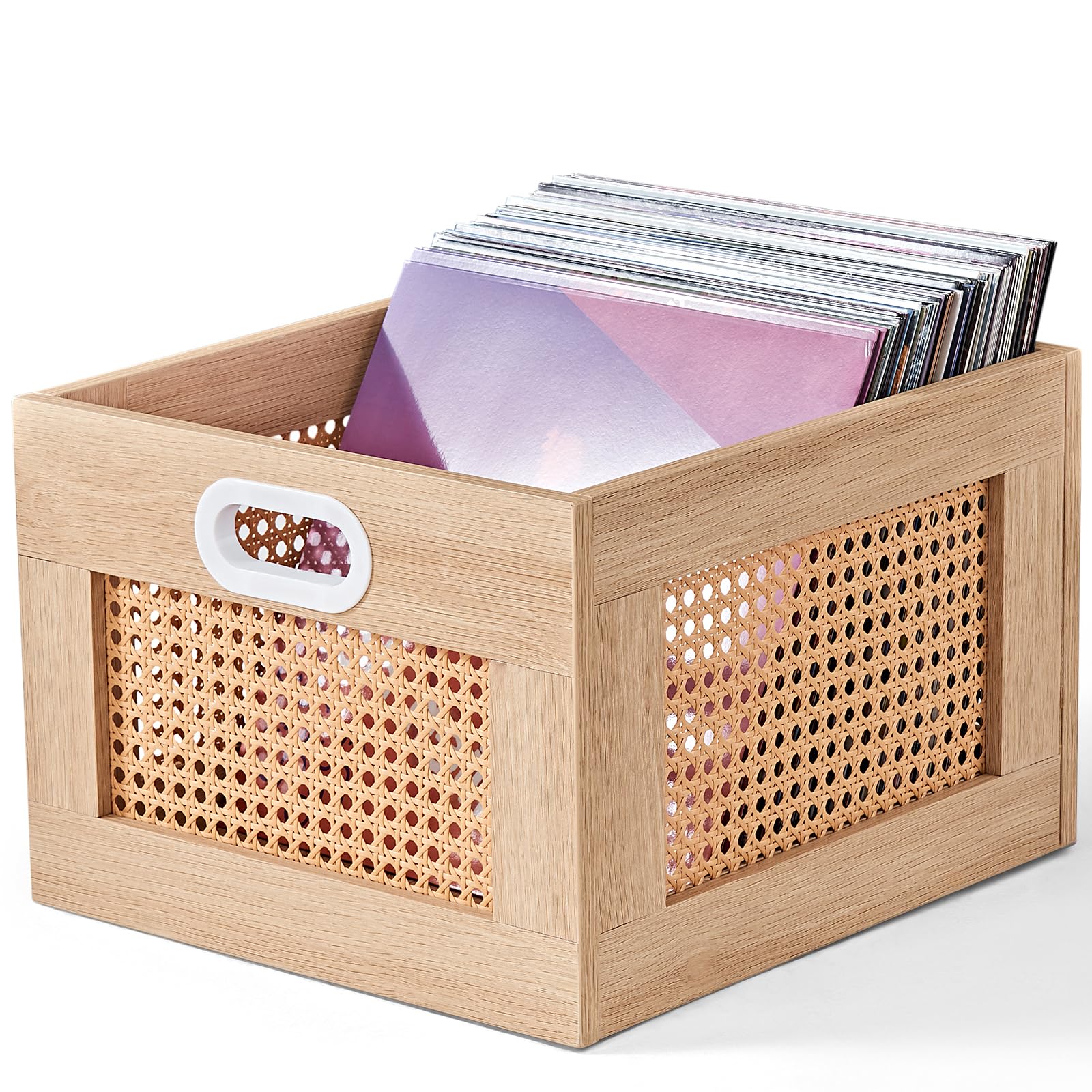 LELELINKY Vinyl Record Storage Crate, Rattan Vinyl Record Holder with Handle, Wood Record Crate for Vinyls Holder up to 75 LP's, Desktop Cube Album Storage for Vinyls Records(Tea Brown)
