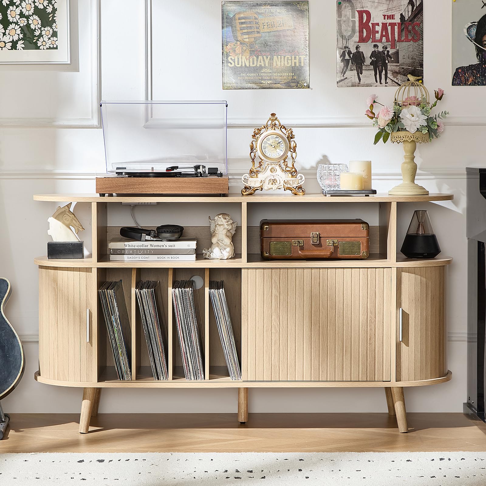LELELINKY Large Round Record Player Stand with Charging Station & Fluted Display Shelf, Black Mid Century Modern Turntable Cabinet with Vinyl Storage, Arched Wood Record Player Table for Living Room