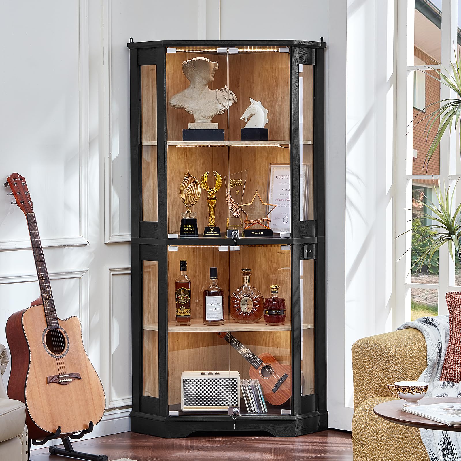 LELELINKY Farmhouse Corner Display Cabinet with Glass Doors, Corner Curio Cabinet with 3-Color LED Motion-Sensor Light, Walnut