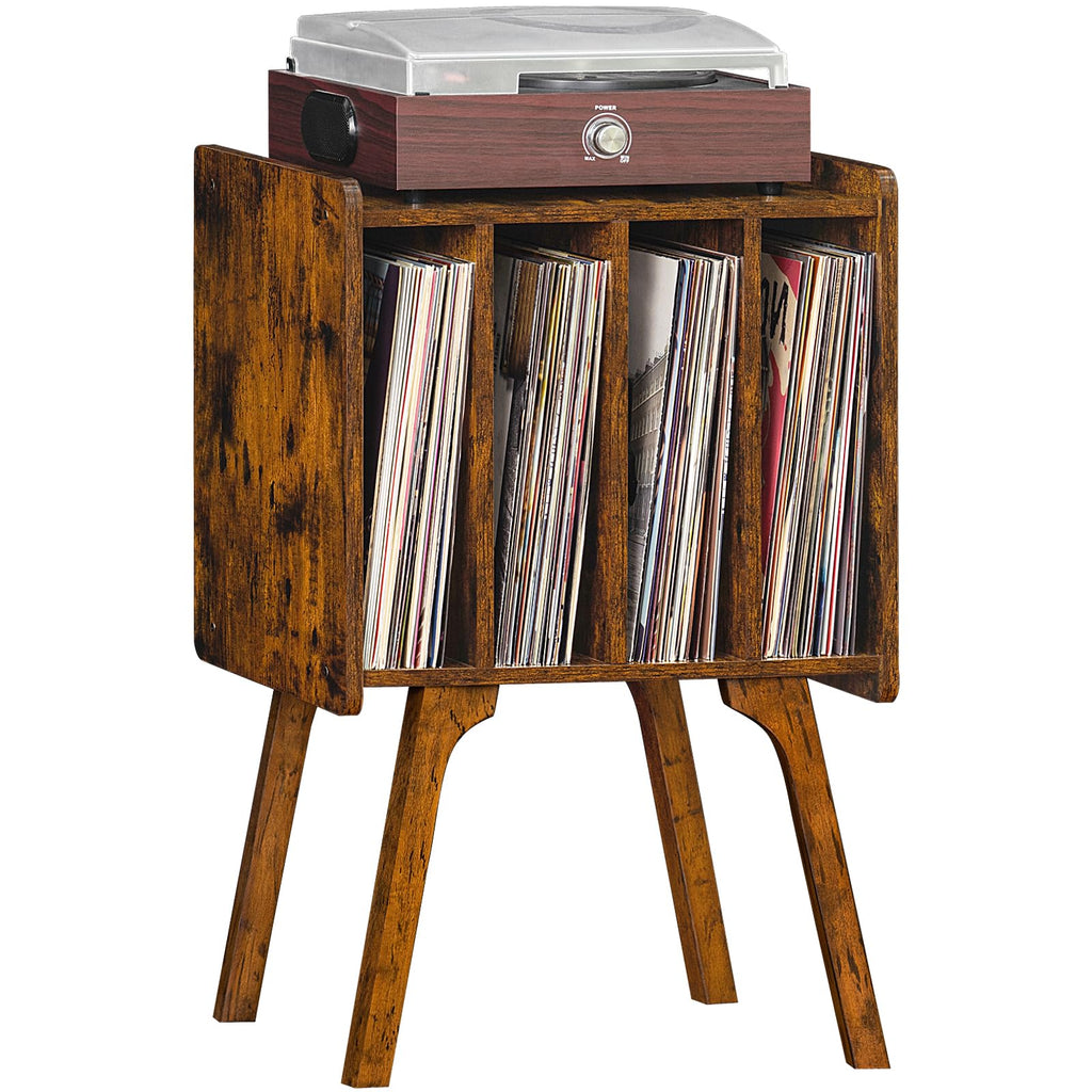LELELINKY Record Player Stand, Walnut Vinyl Storage Table with 4 Cabinet Up to 100 Albums, Mid-Century Modern Record Holder Wood Legs