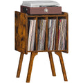 LELELINKY Record Player Stand, Walnut Vinyl Storage Table with 4 Cabinet Up to 100 Albums, Mid-Century Modern Record Holder Wood Legs